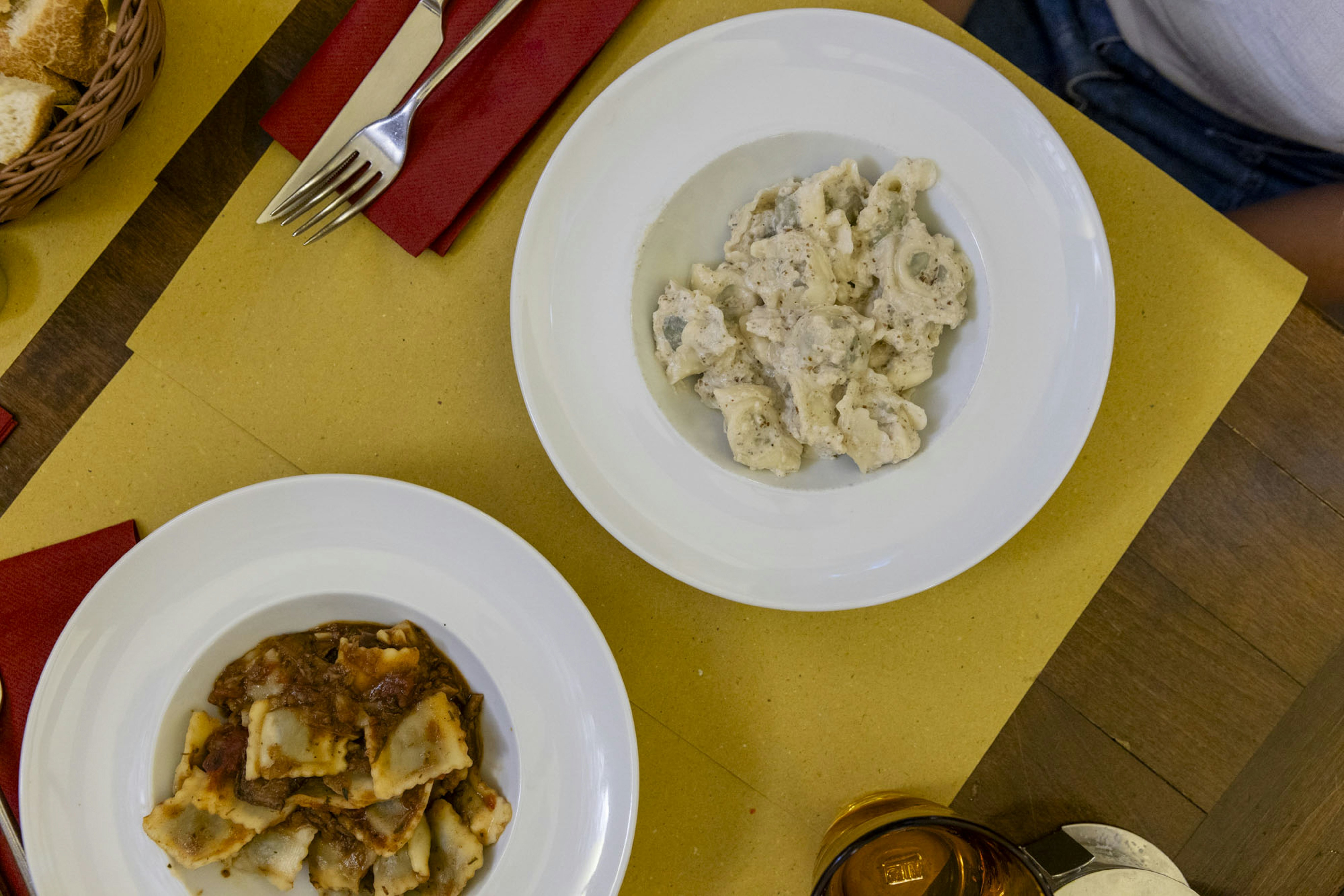 Two pasta dishes served at Osteria il Cadraio in Genoa, Italy.