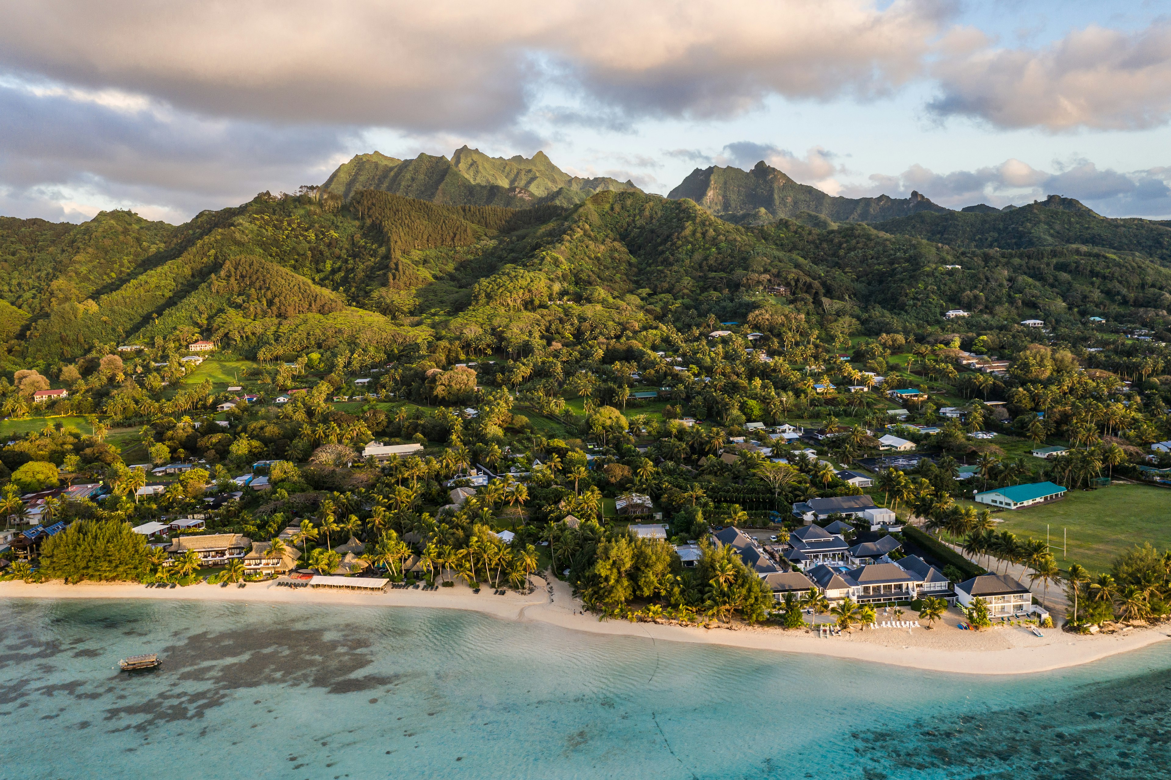 Aerial view over Muri beach at sunrise in the Cook Islands