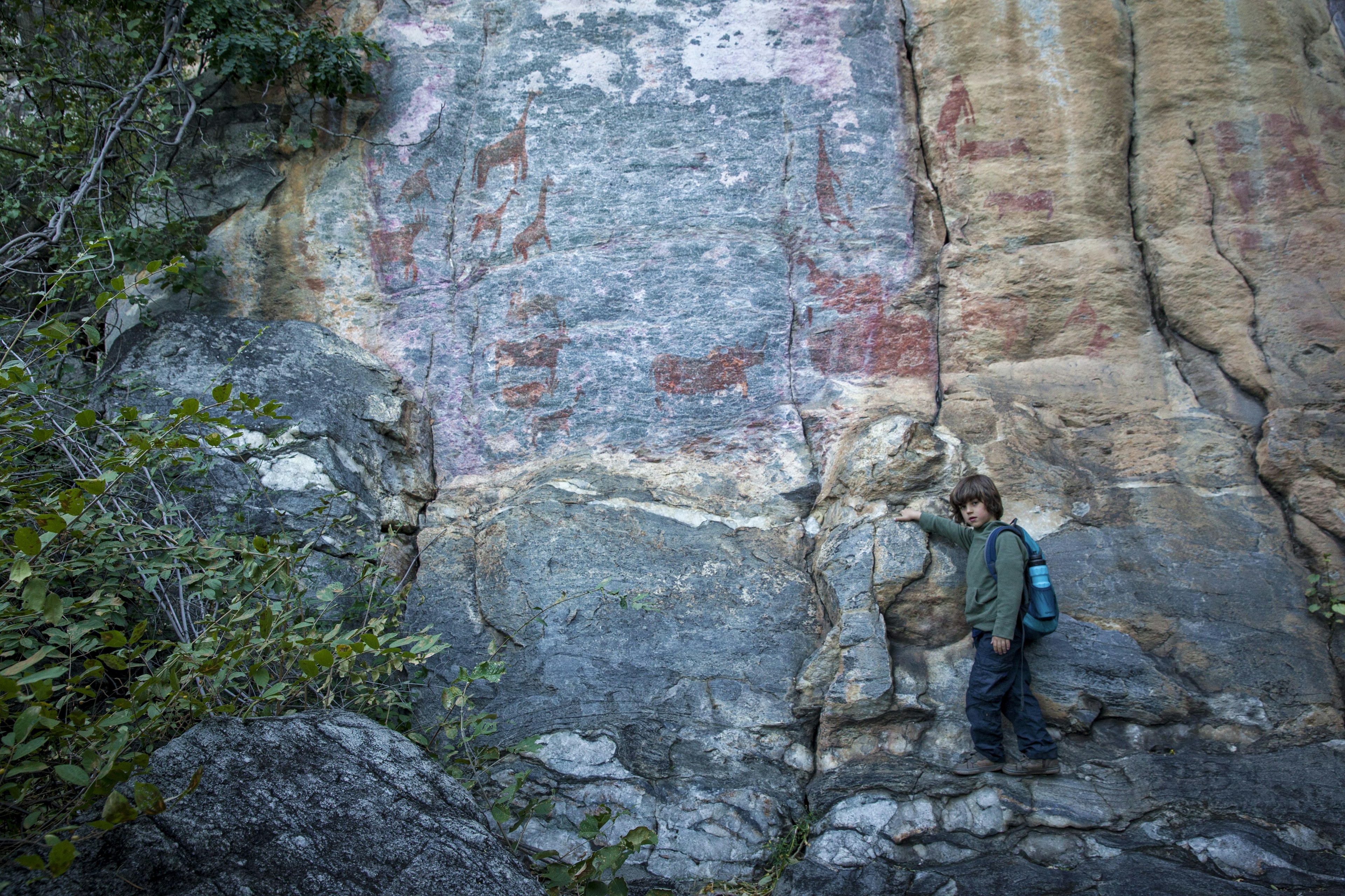 A boy steps in front of a rock face painted with images of animals.