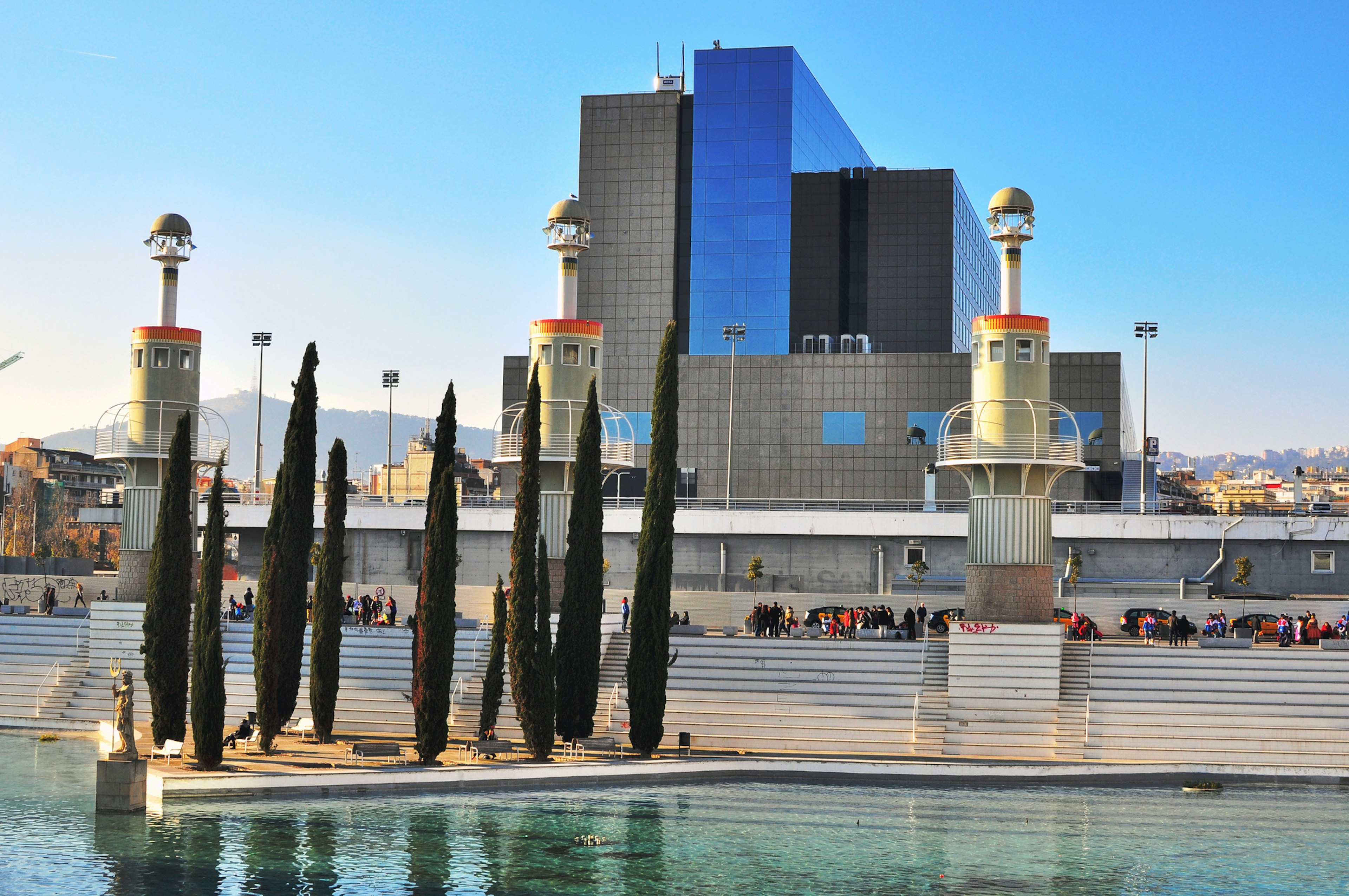 Futuristic buildings at the Parc d’ Espanya Industrial in Sants, Barcelona.