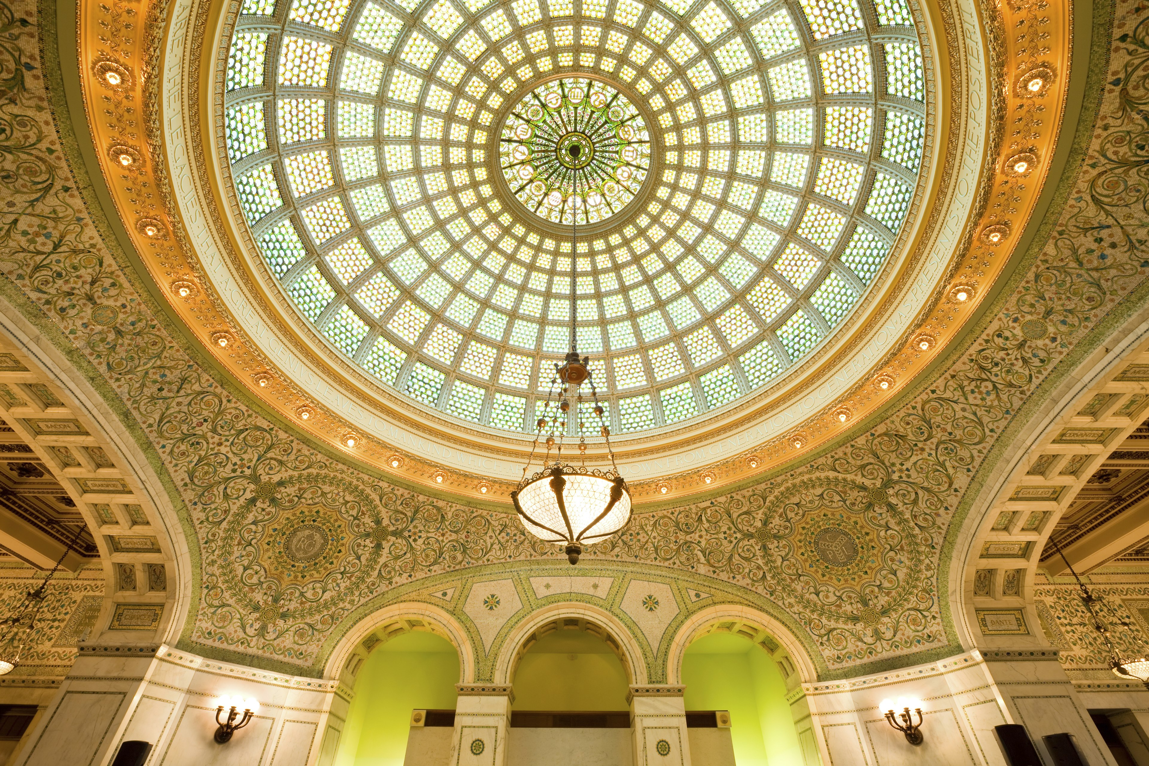 The ornate ceiling of the Chicago Cultural Center, a classic example of beaux-arts architecture.