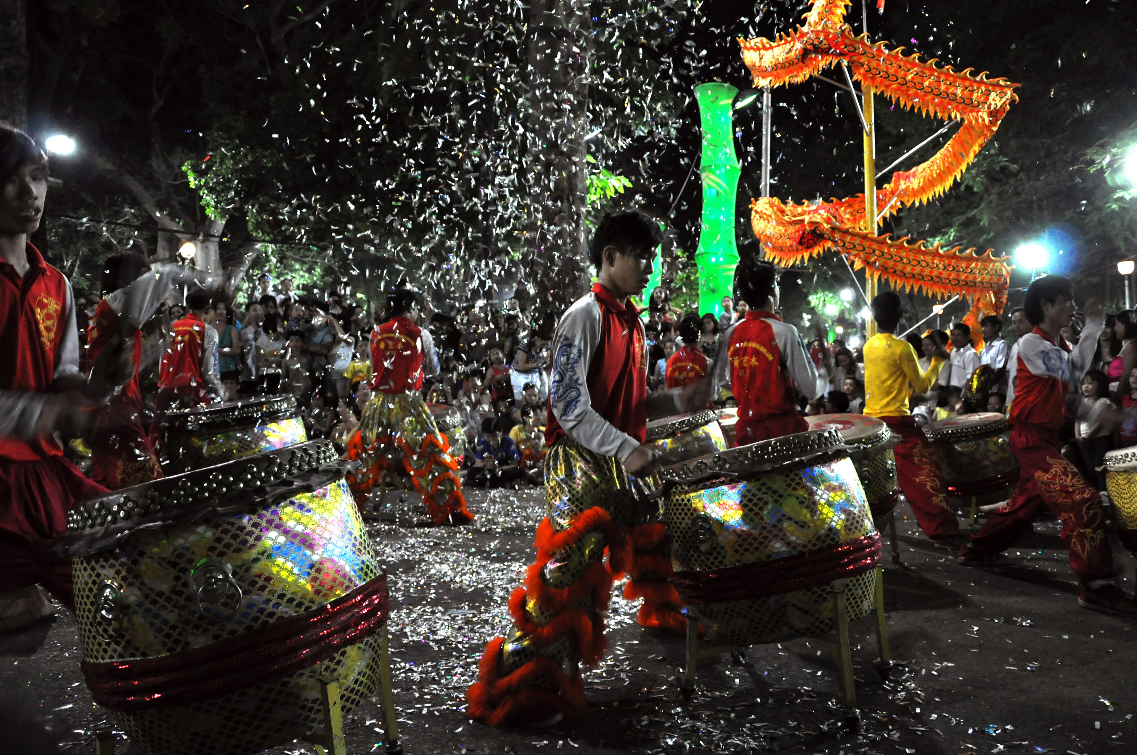 Group of musicians playing drums during the Tet Lunar New Year celebrations in Ho Chi Minh city, Vietnam.