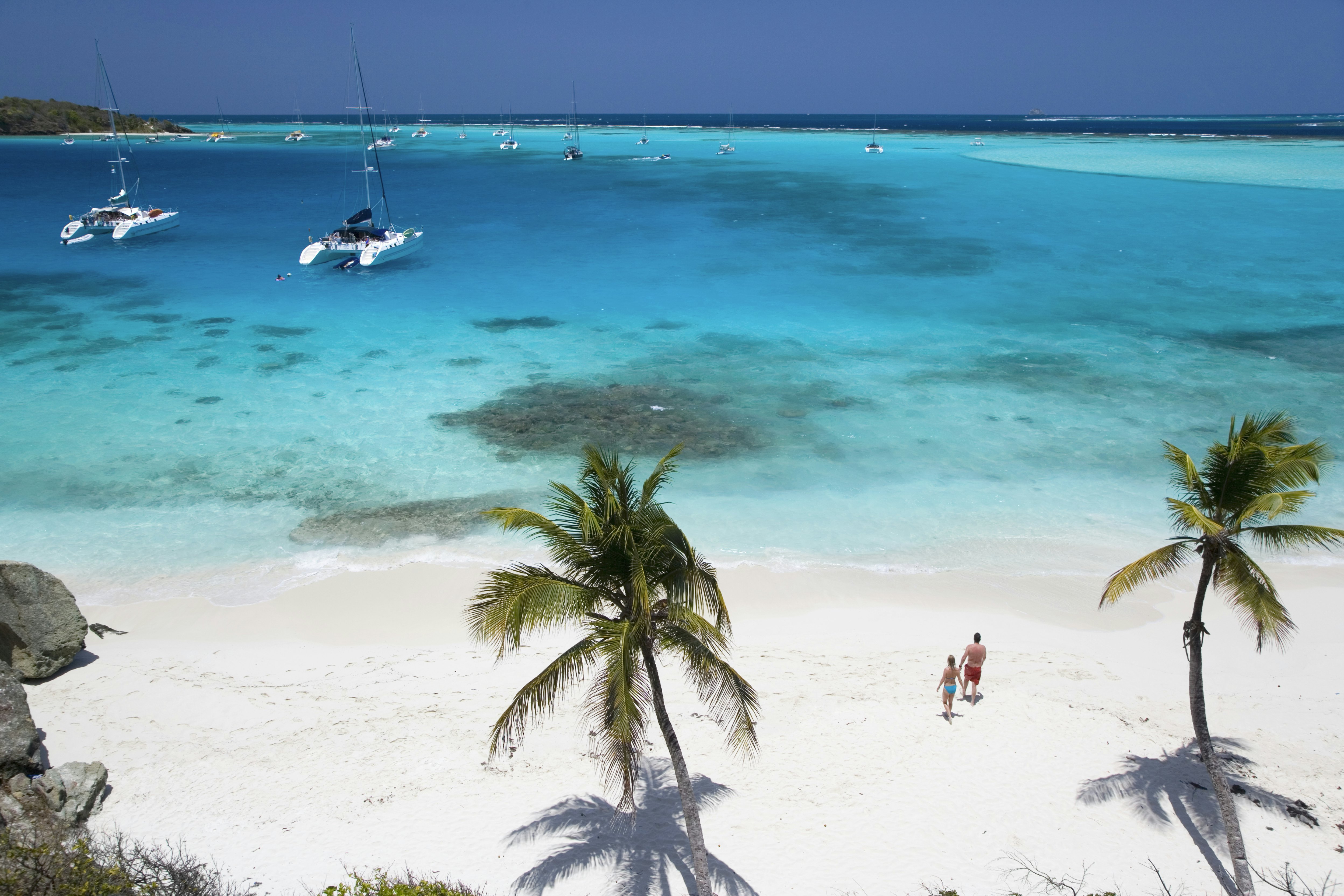 An overhead view of a couple walking between two palm trees on a sandy beach toward turquoise water where several catamarans are docked in Tobago Cays