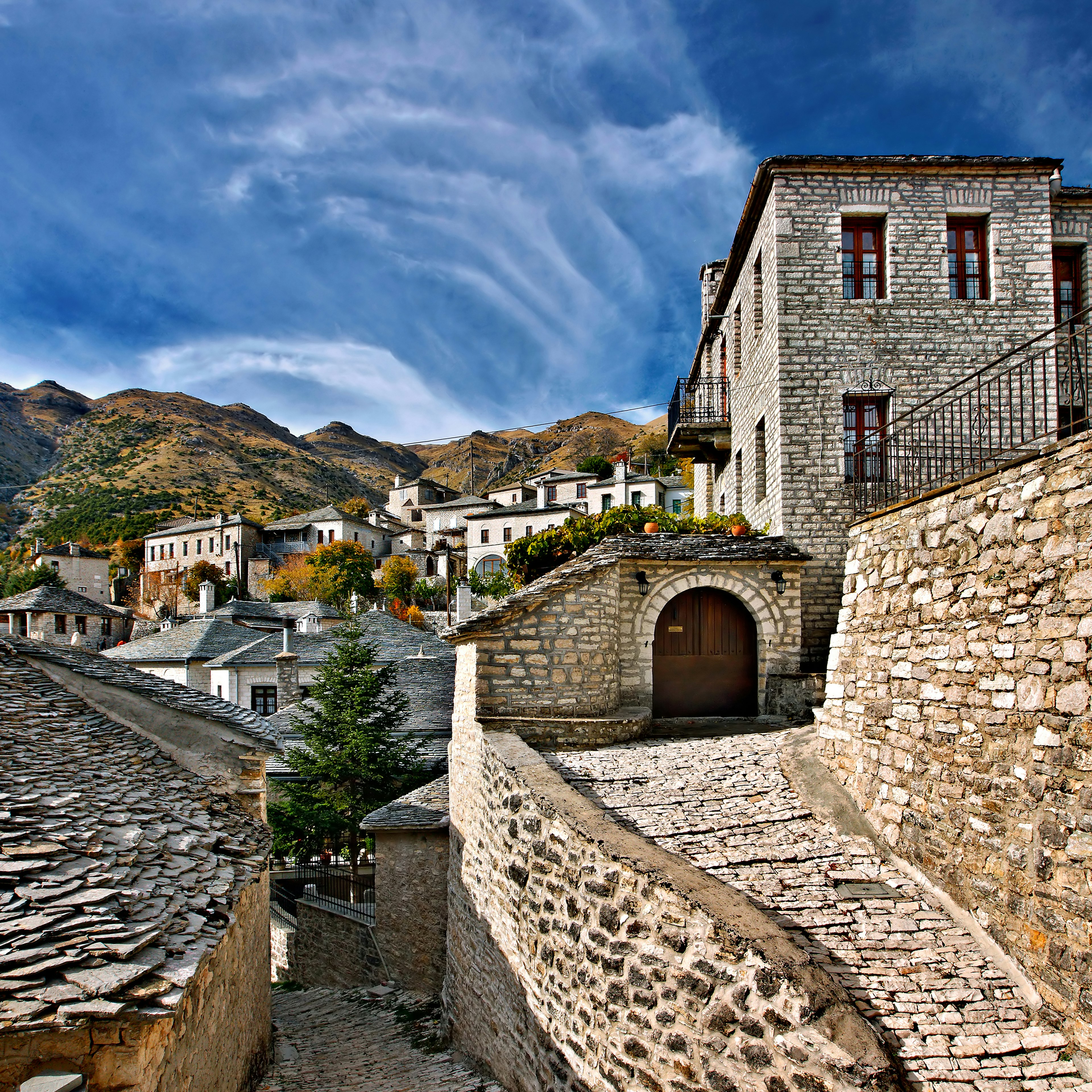 A sunny day with a blue sky over Syrrako village, Ioannina, Greece.