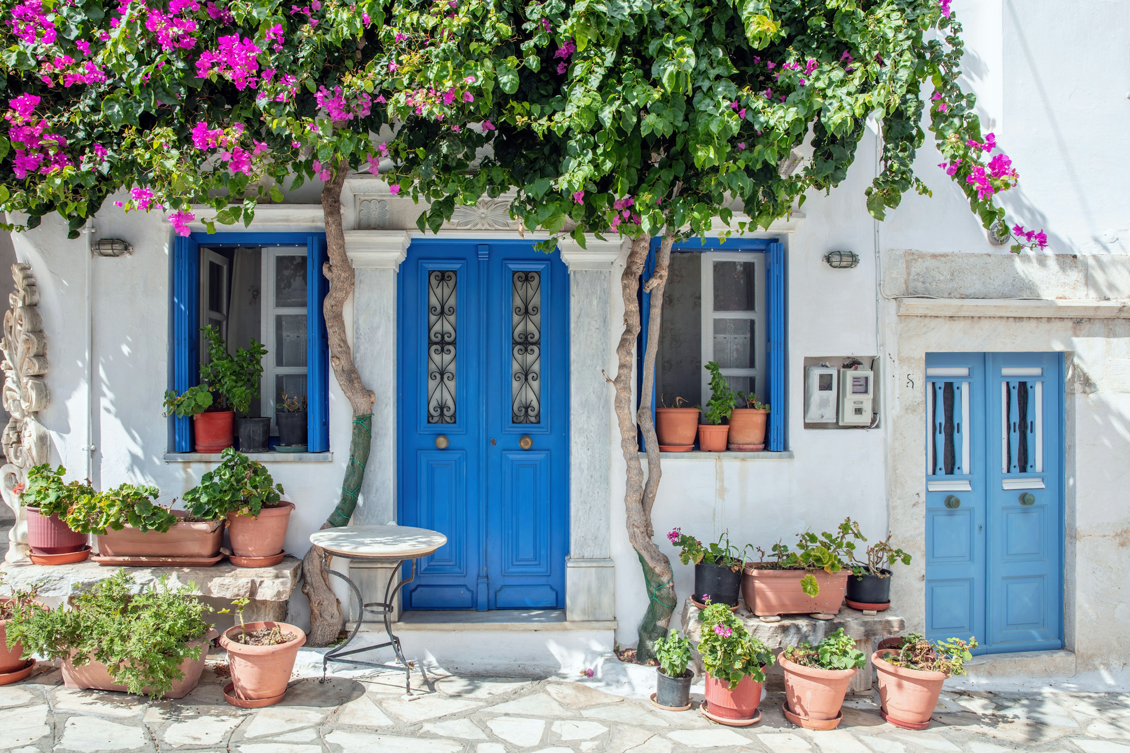 A white house facade with cascading plants in Pyrgos, Tinos, Greece.