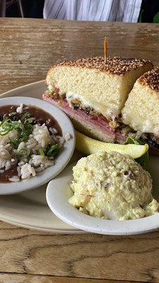Muffuletta, potato salad, and rice and beans from Napoleon House.