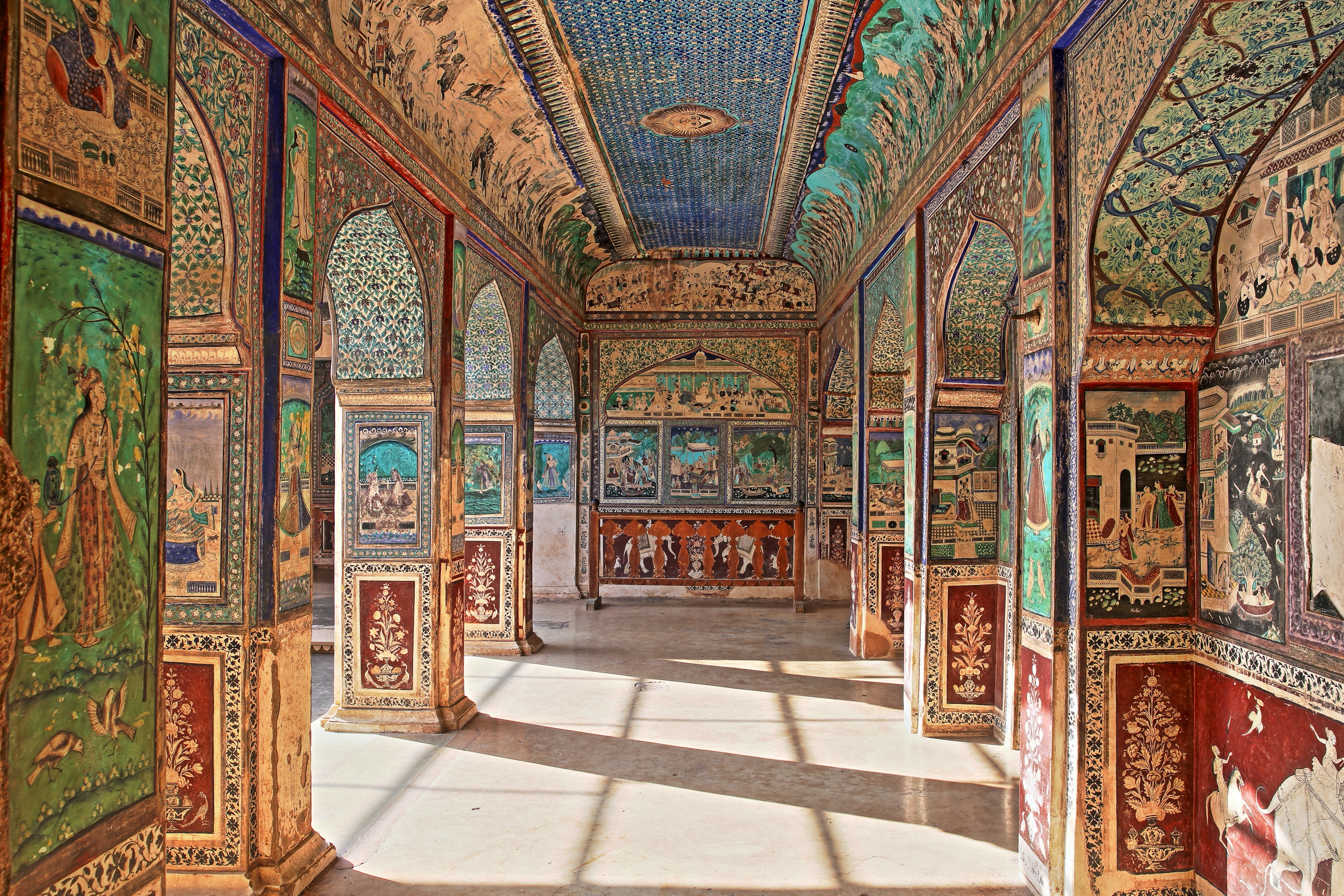 Intricate murals inside the Chitrasala palace at Bundi, Rajasthan.