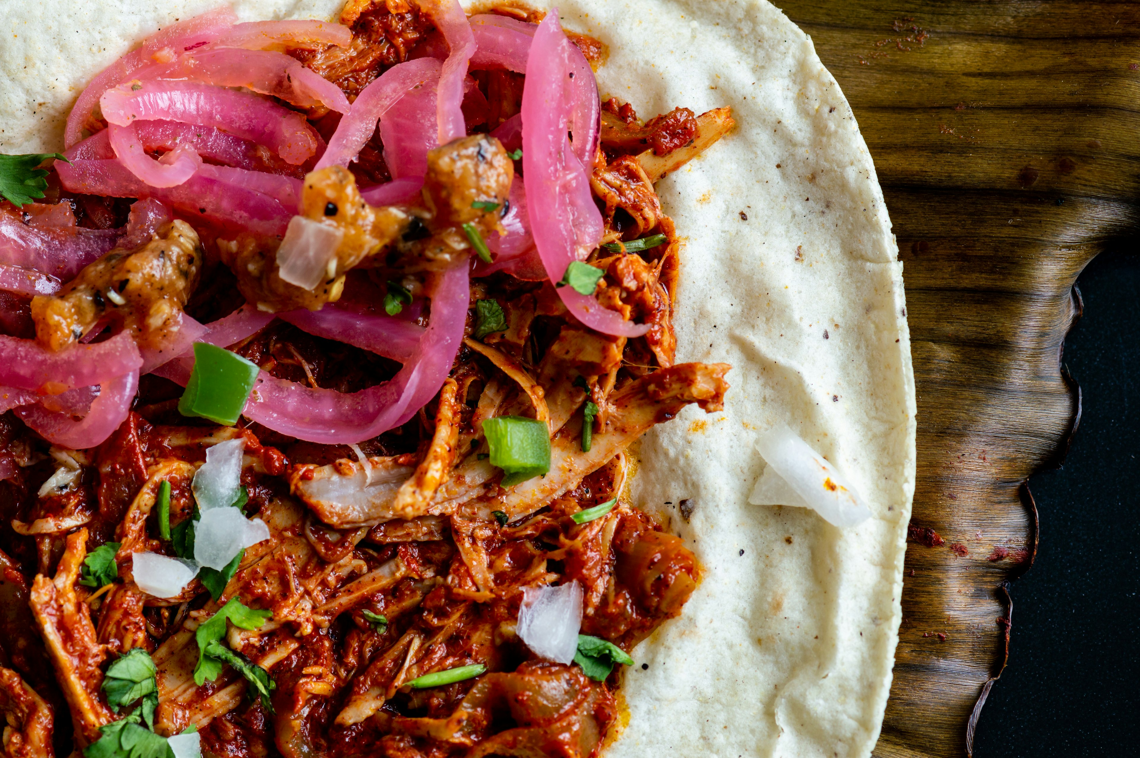 Tacos with cochinita pibil, in Yucatan, Mexico