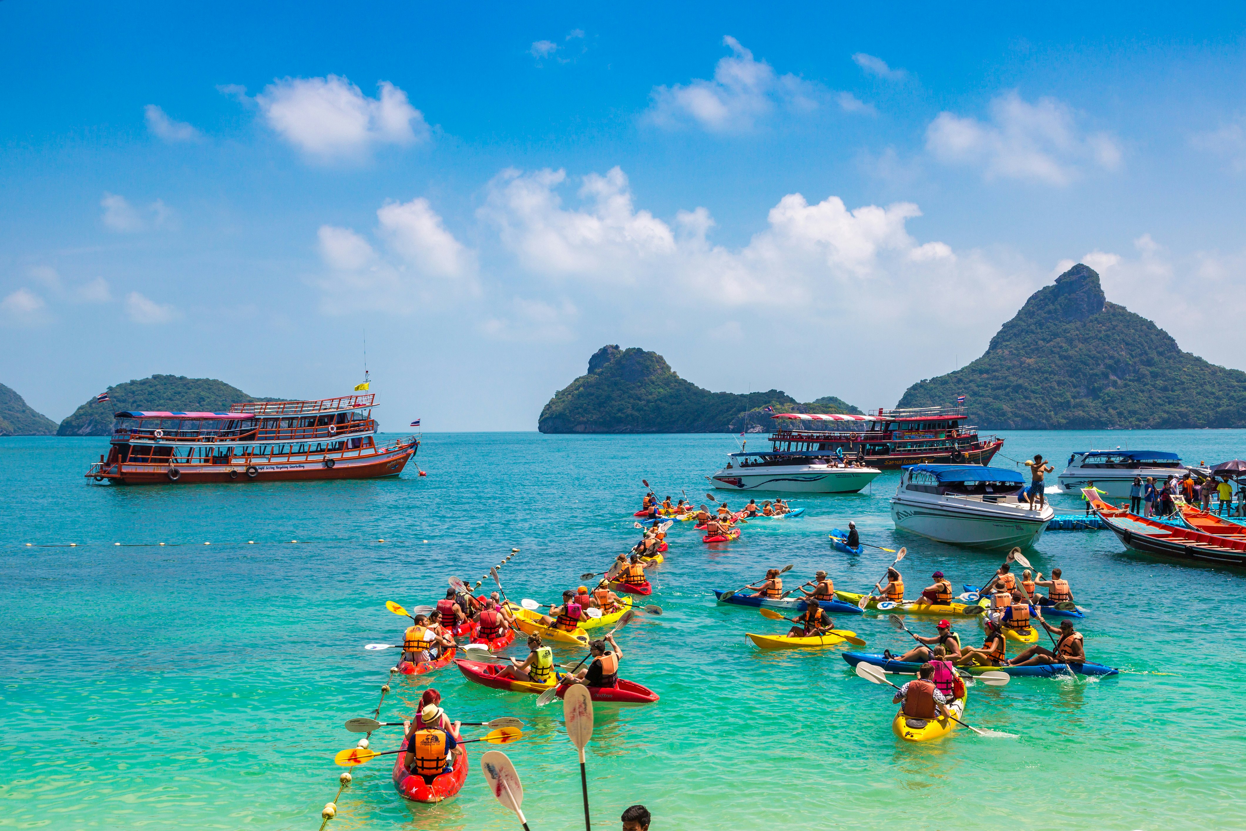 A group of tourists wearing lifejackets paddle in kayaks in front of ferries in a cove with asure waters, with green islands visible in the distance