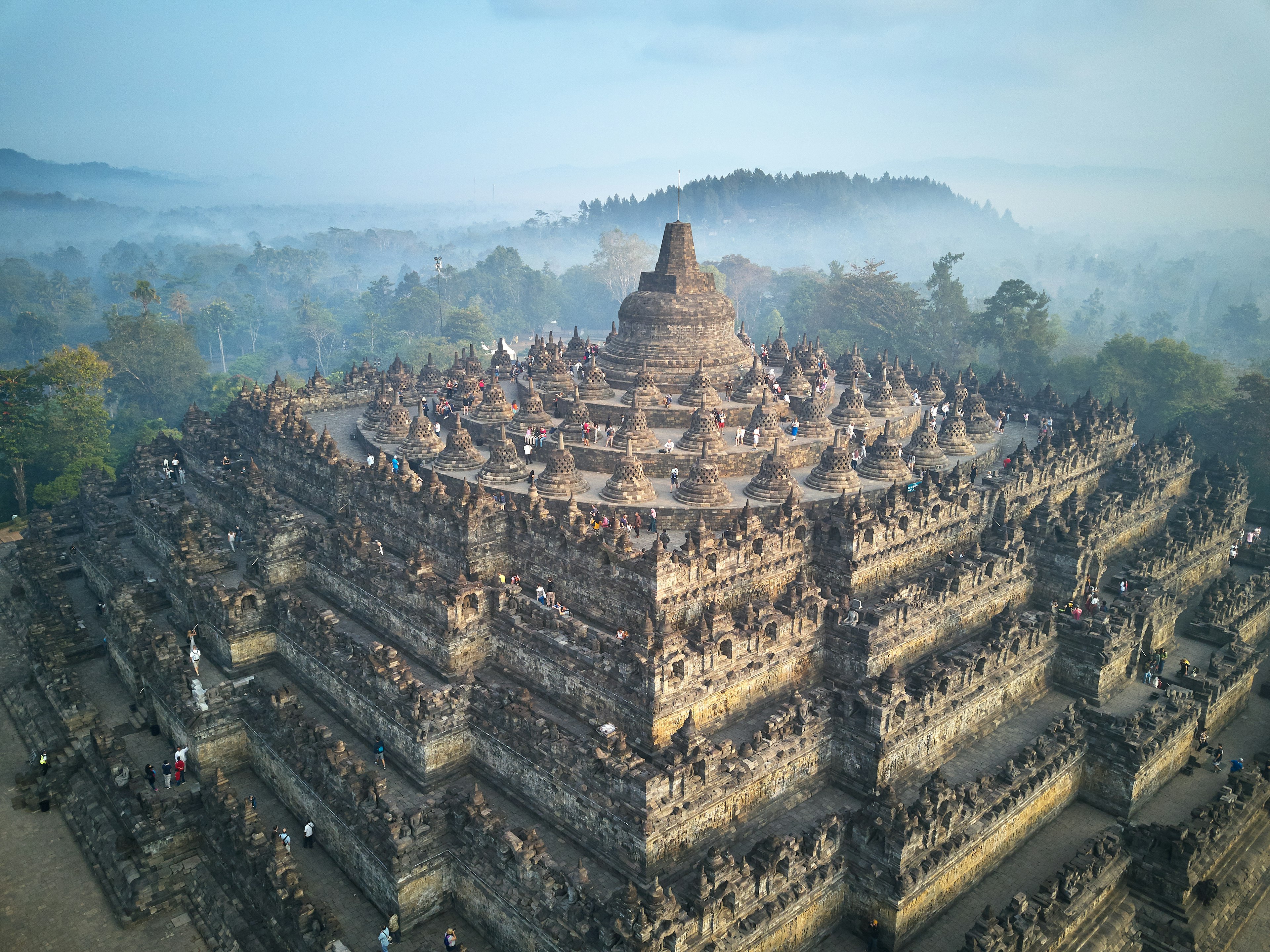 Aerial view of the Borobudur Buddhist temple complex in Central Java, Indonesia