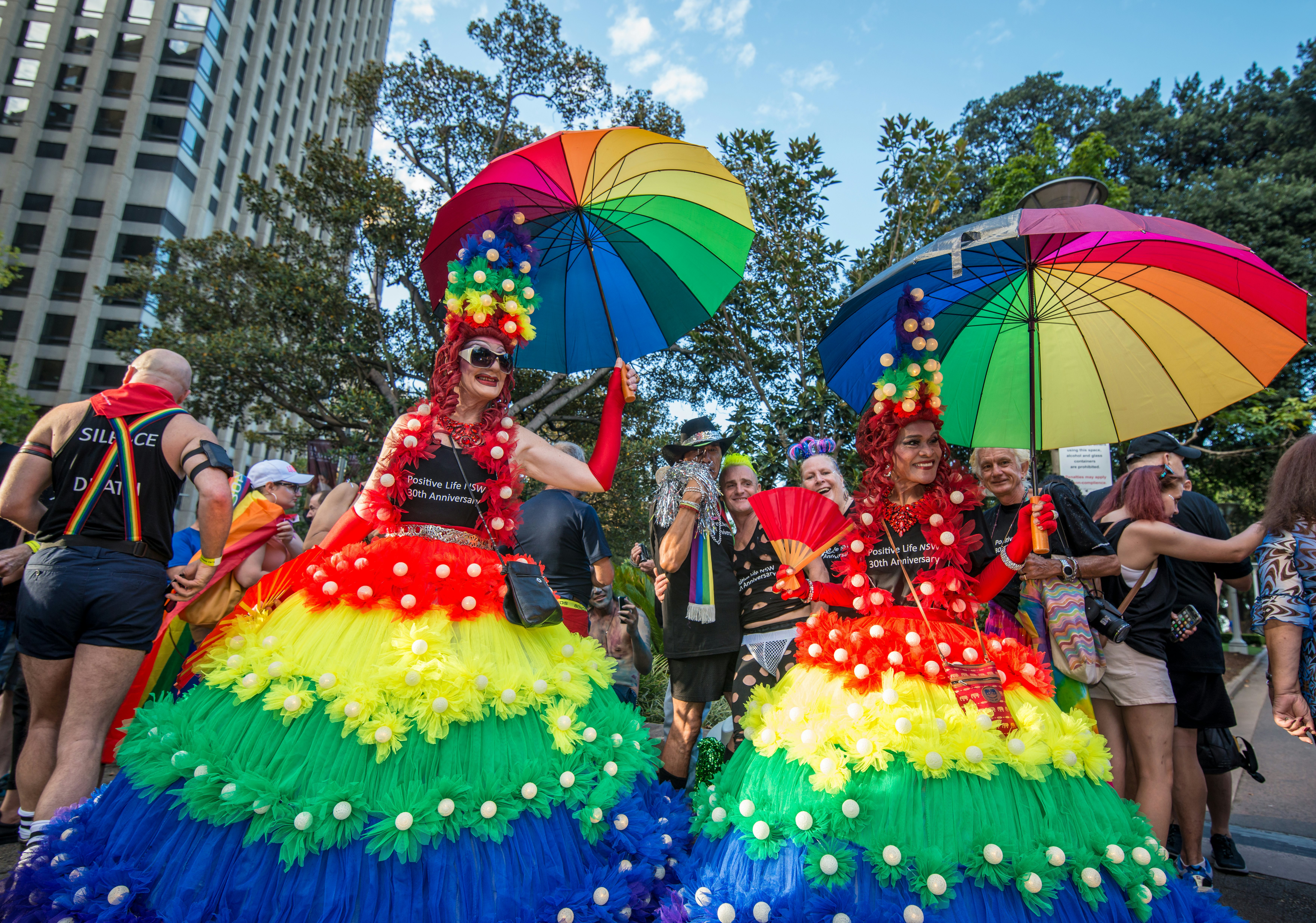 Members of Sydney's gay and lesbian community assemble in Hyde Park before joining the annual Mardi Gras parade.