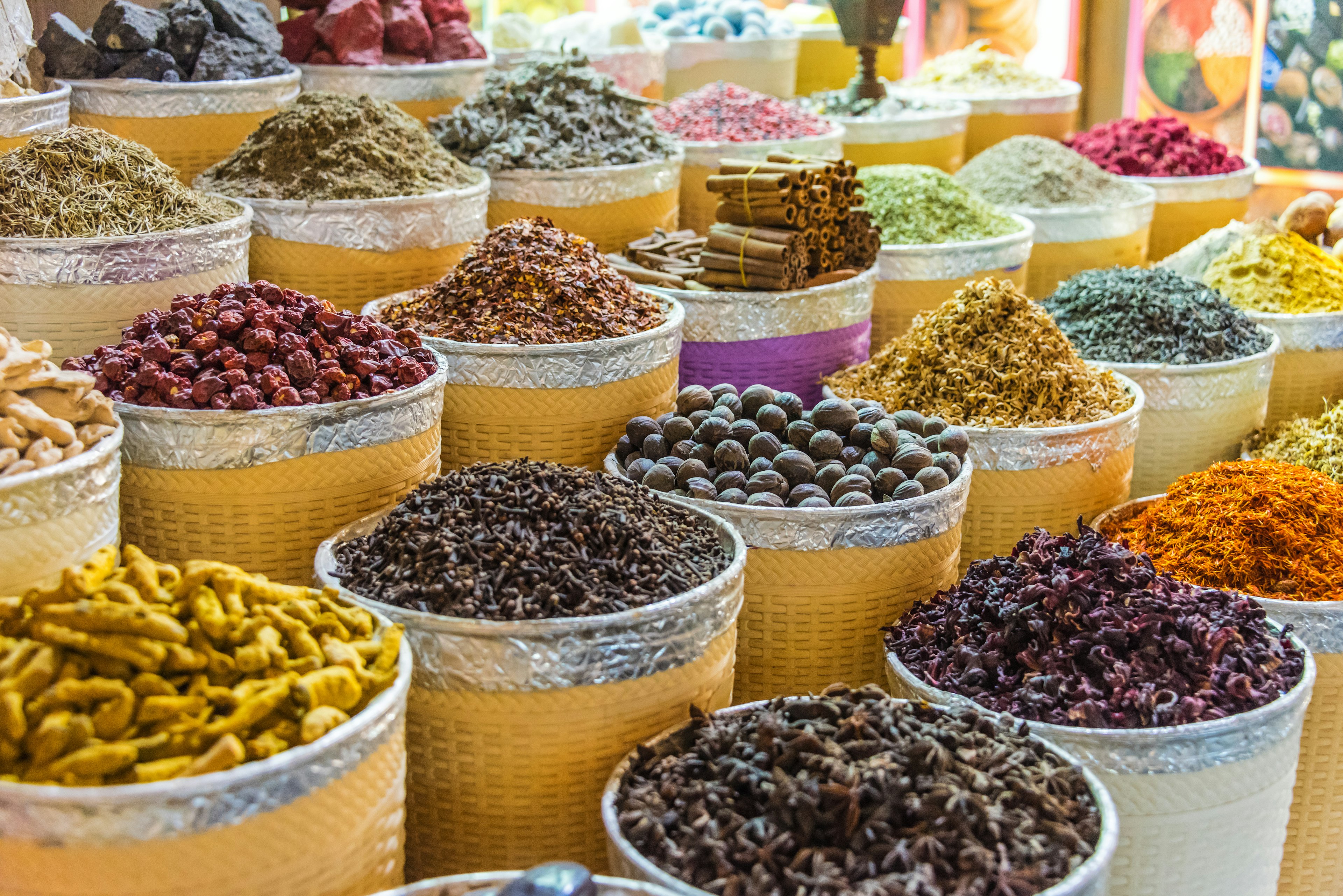 Variety of spices and herbs on the arab street market stall. Dubai Spice Souk, United Arab Emirates.   License Type: media  Download Time: 2023-11-20T02:04:07.000Z  User: mvm_lonelyplanet  Is Editorial: No  purchase_order: