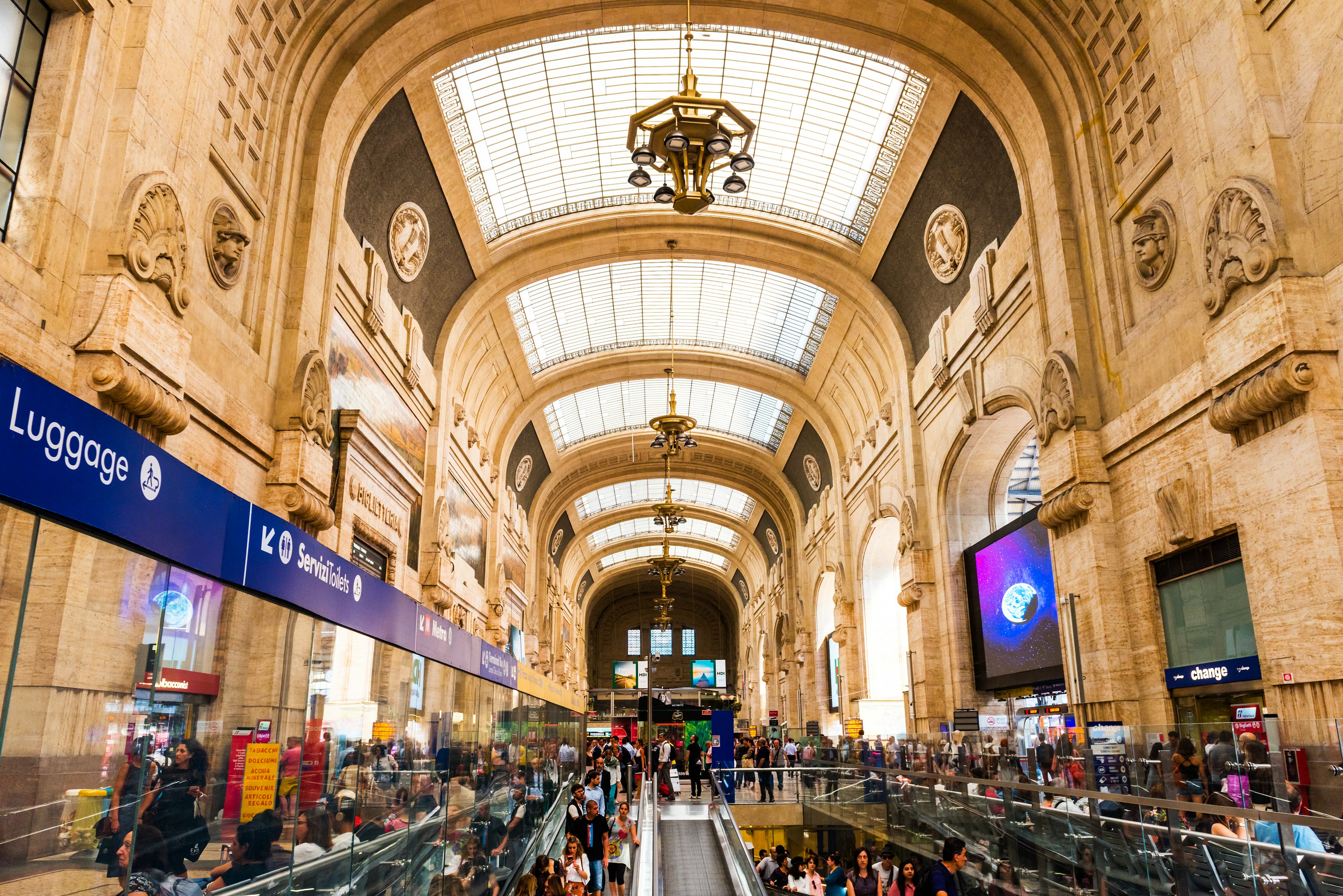 MILANO, ITALY - JULY 3, 2019: Milano Central Train Station (Stazione Milano Centrale). It's the second-largest station in Italy.