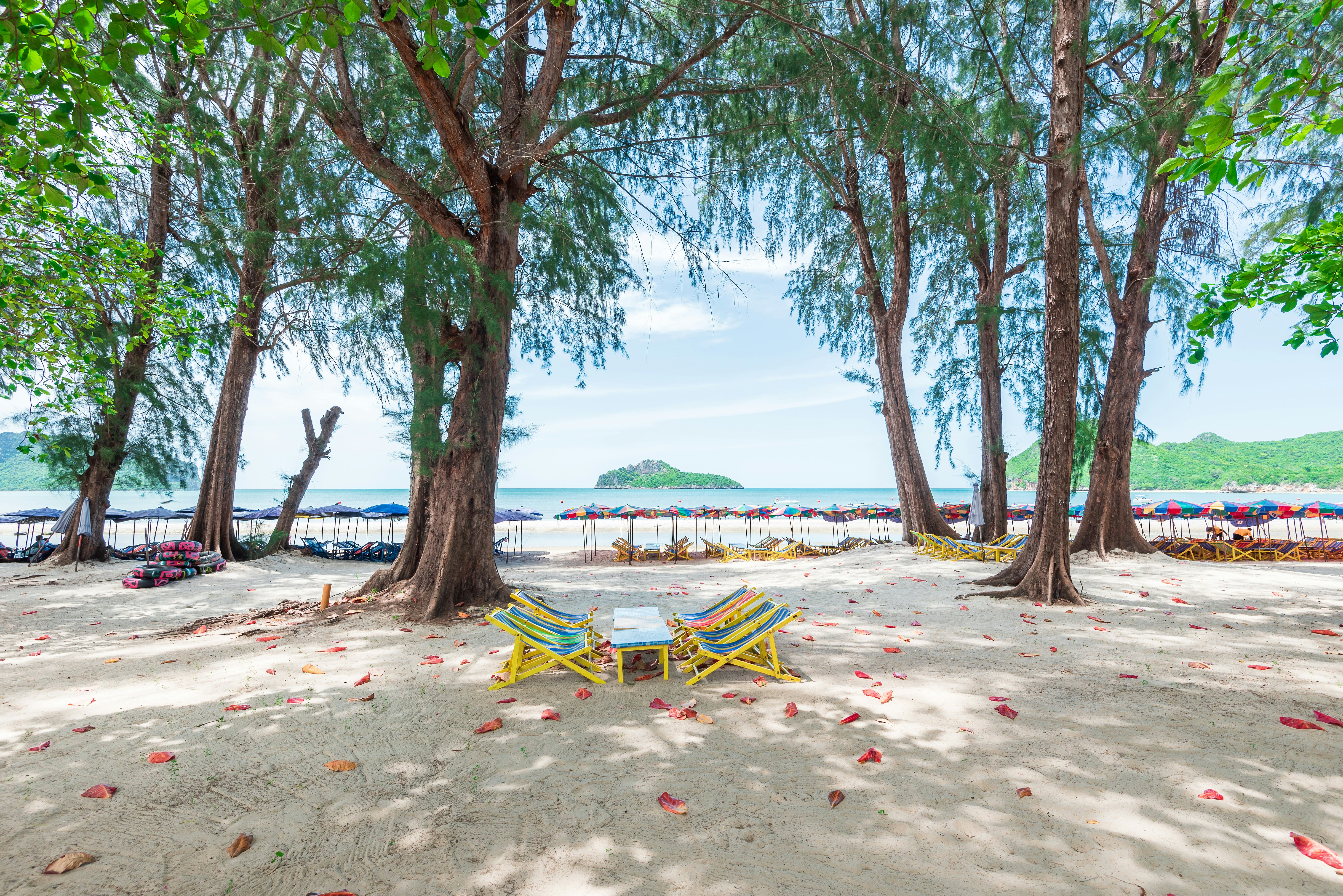 Deckchairs and sun loungers with colorful umbrellas line the shores of a sandy beach