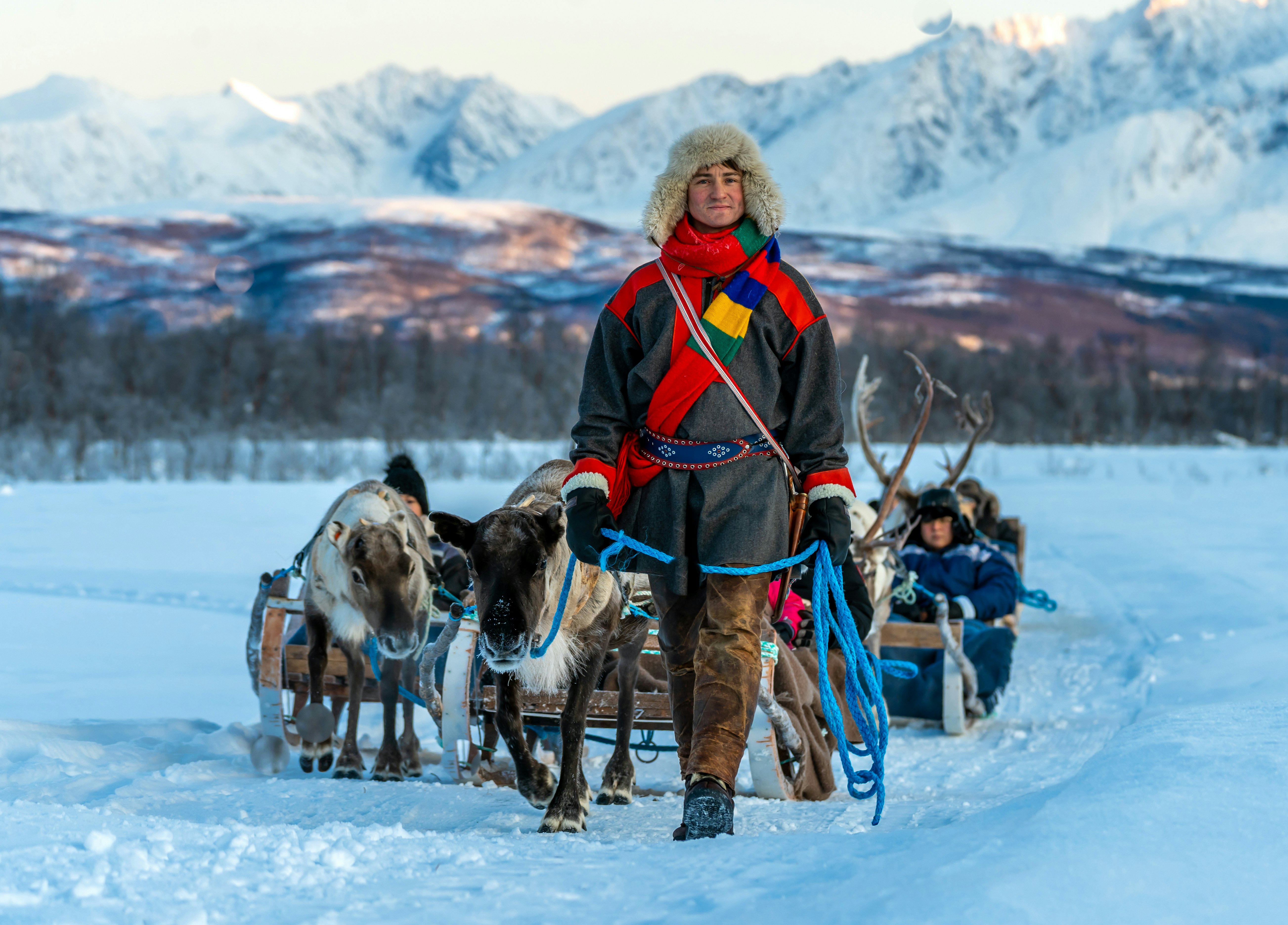 25.11.19 NORWAY . TROMSO . Sámi guides with tourists, Reindeer sledding, the oldest means of transportation in the North.