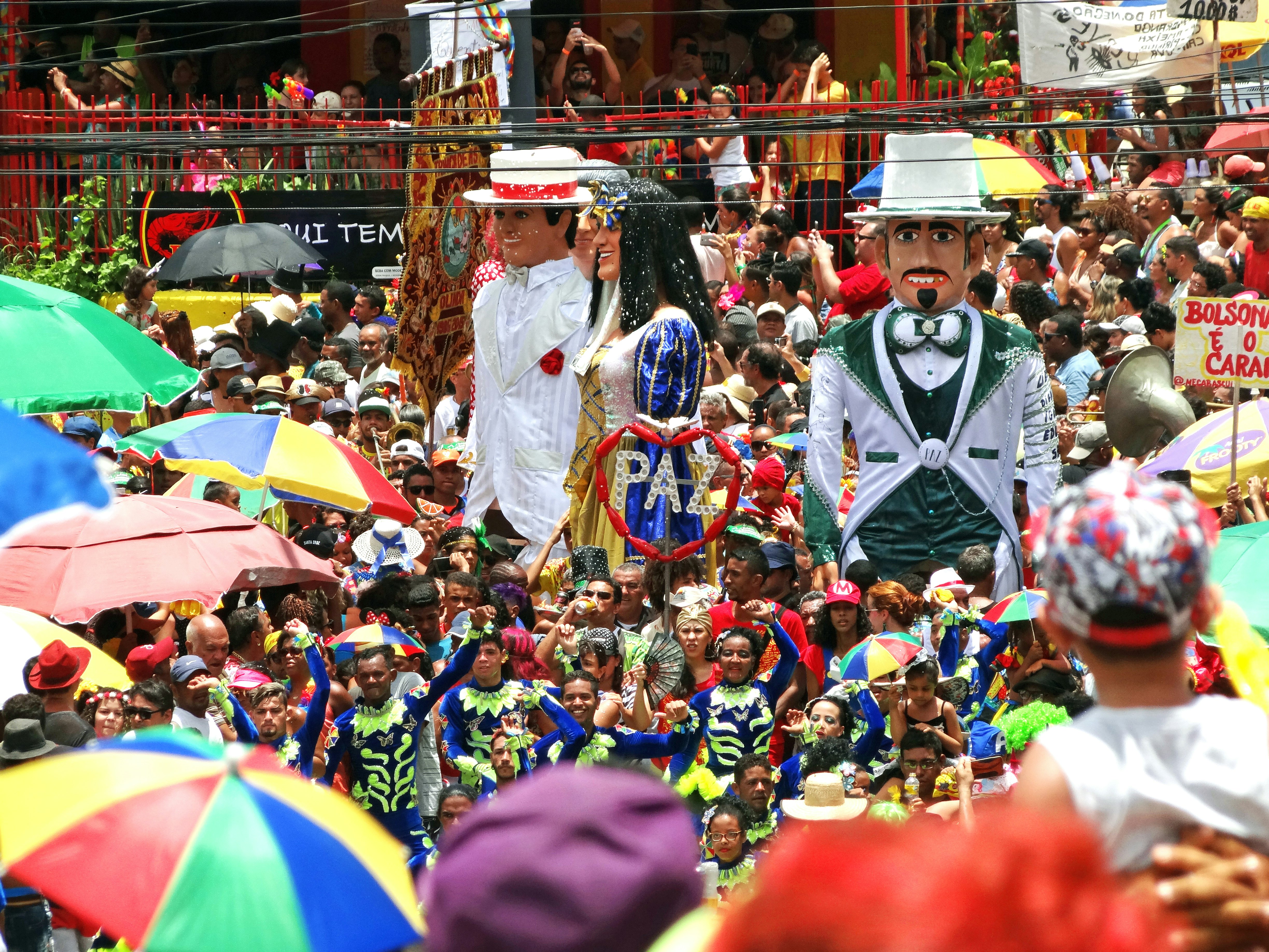 Giant dolls are paraded through the streets during the Carnival celebrations at Olinda in Brazil.