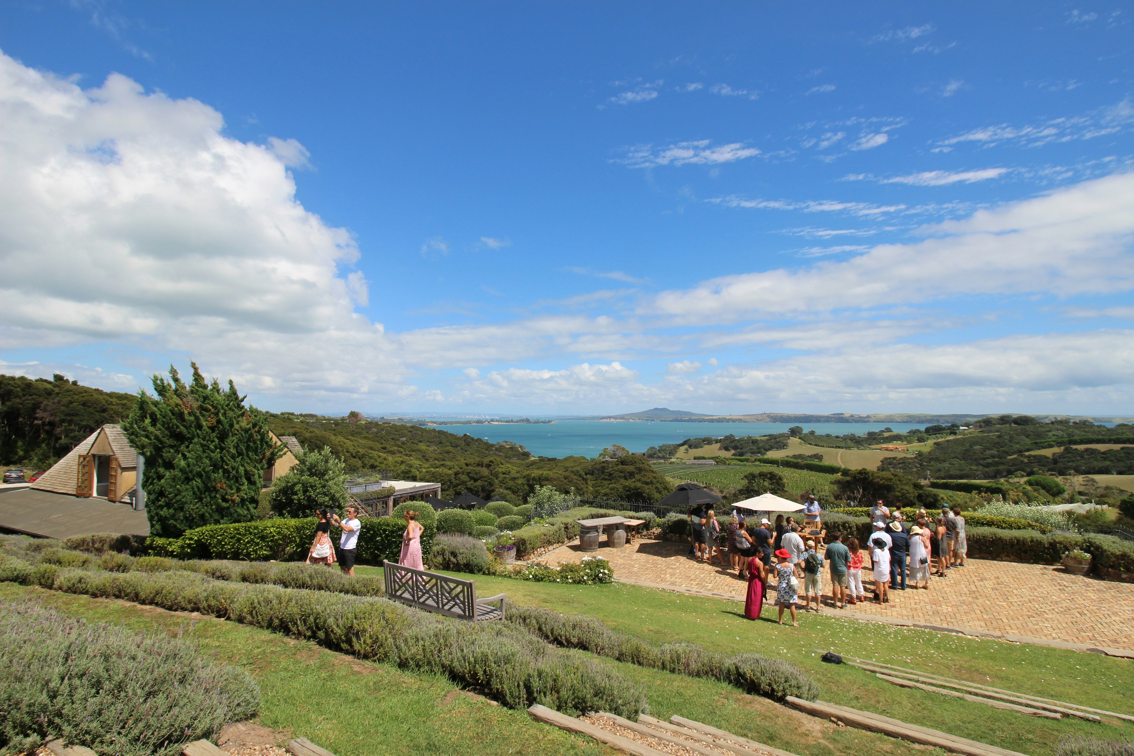 Guests gather on the sunny patio of Mudbrick Vineyard winery on Waiheke Island