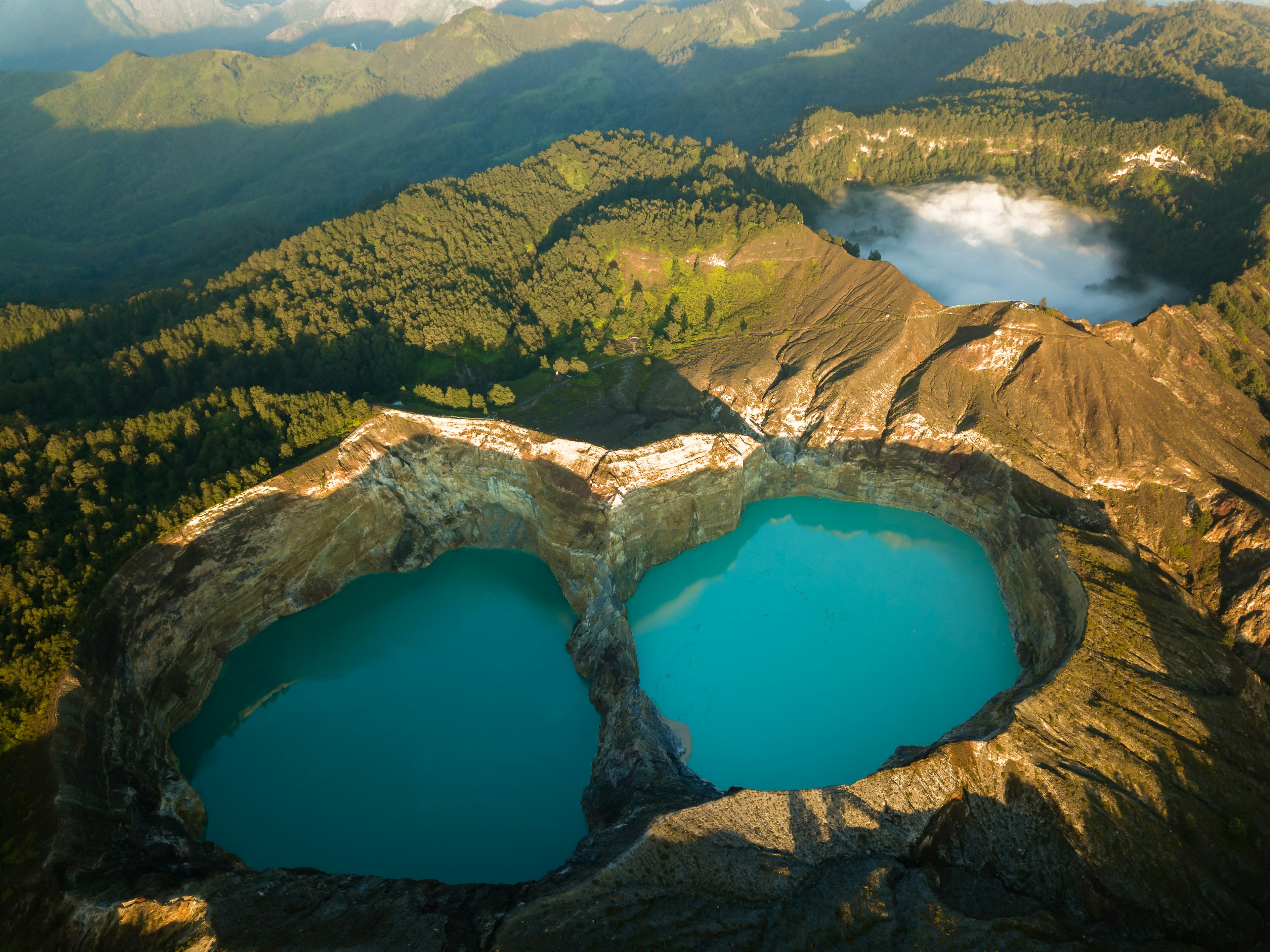 Aerial view of the three Kelimutu lakes in Flores, Indonesia