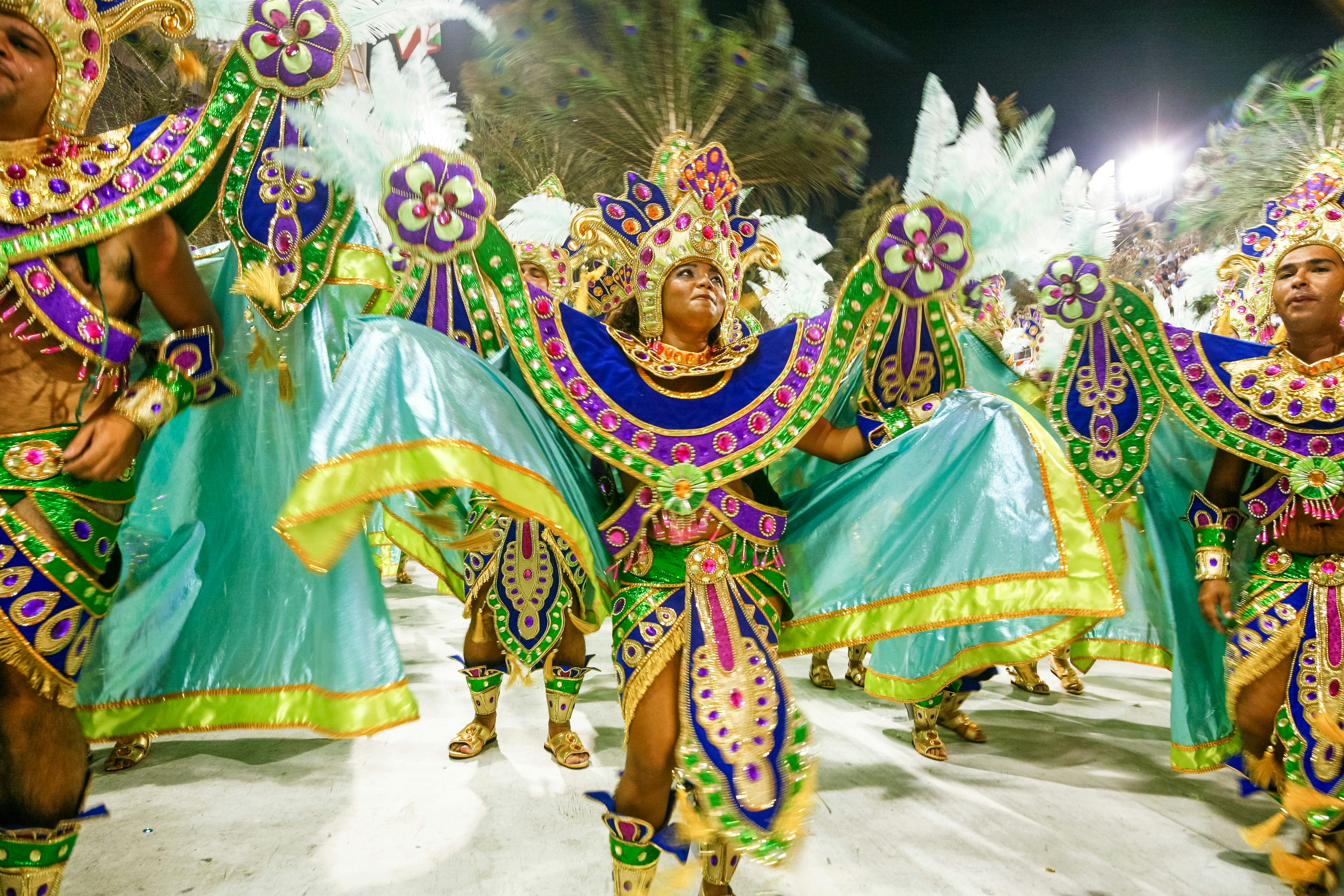 Dancers in elaborate costumes at the Carnaval parade in Rio de Janeiro, Brazil.