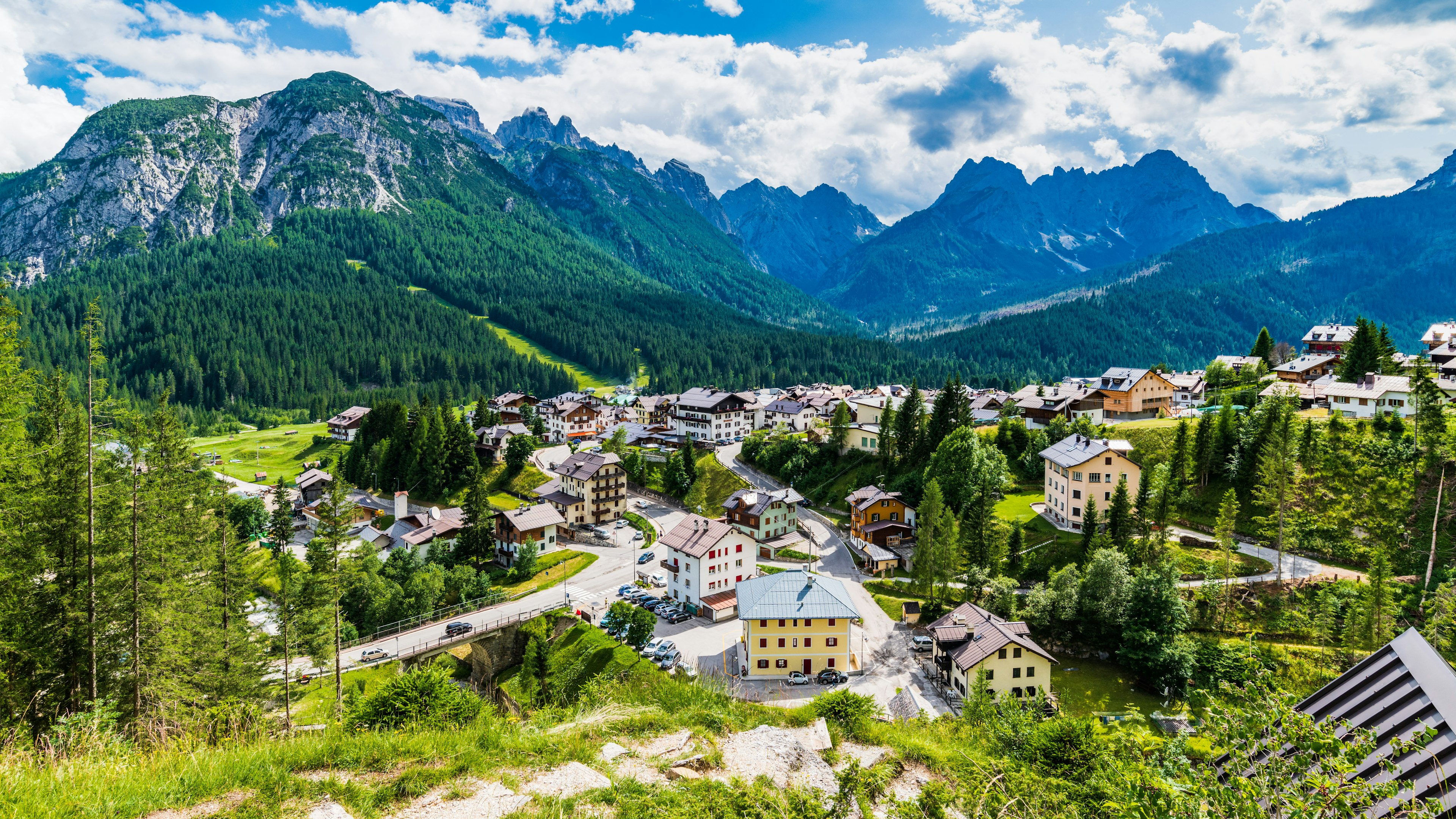 Aerial shot of the Alpine village of Sappada in summer.