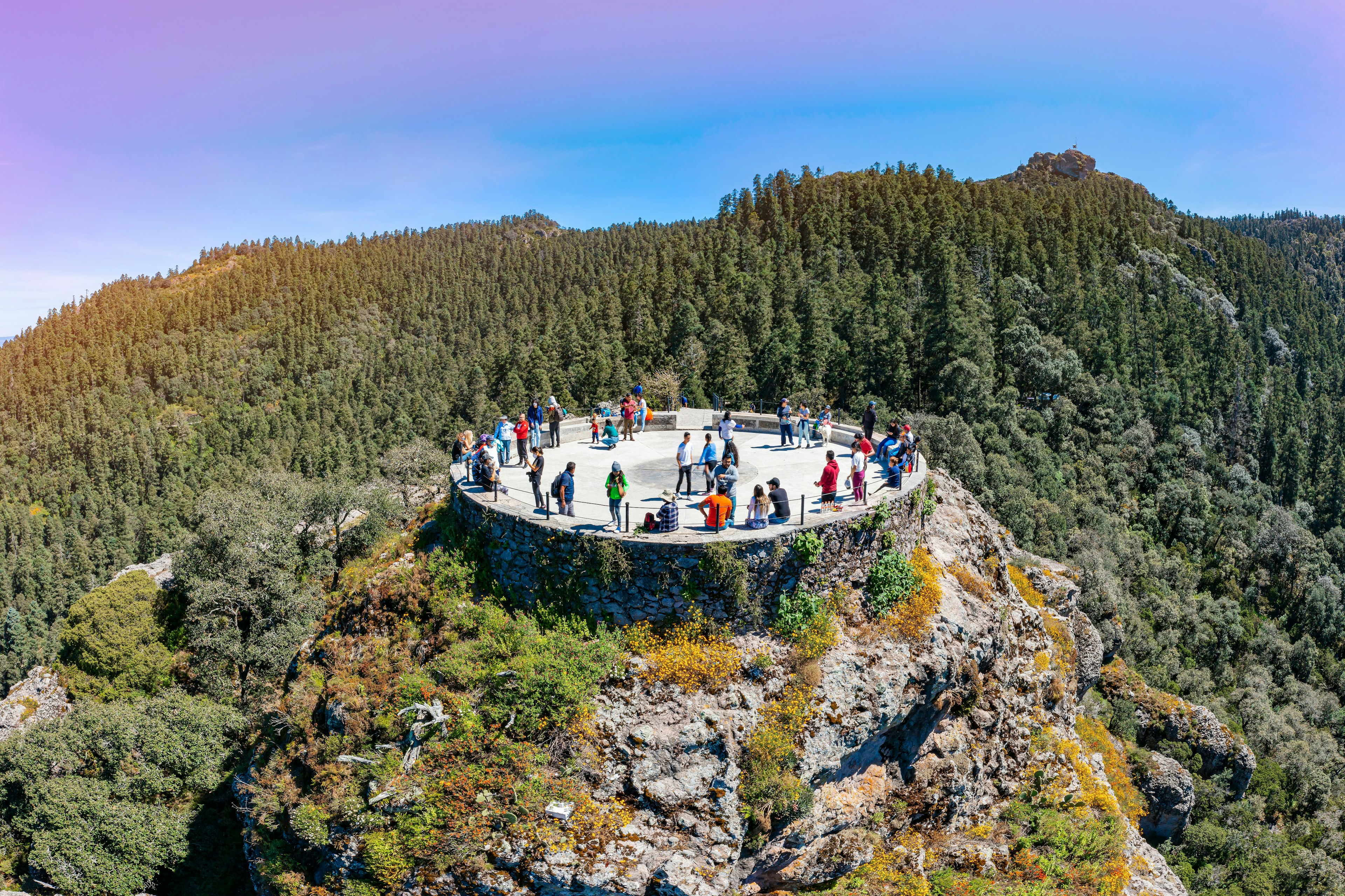 Panoramic aerial view of the famous viewpoint called Pena del Cuervo very close to the magical town of Mineral del Chico