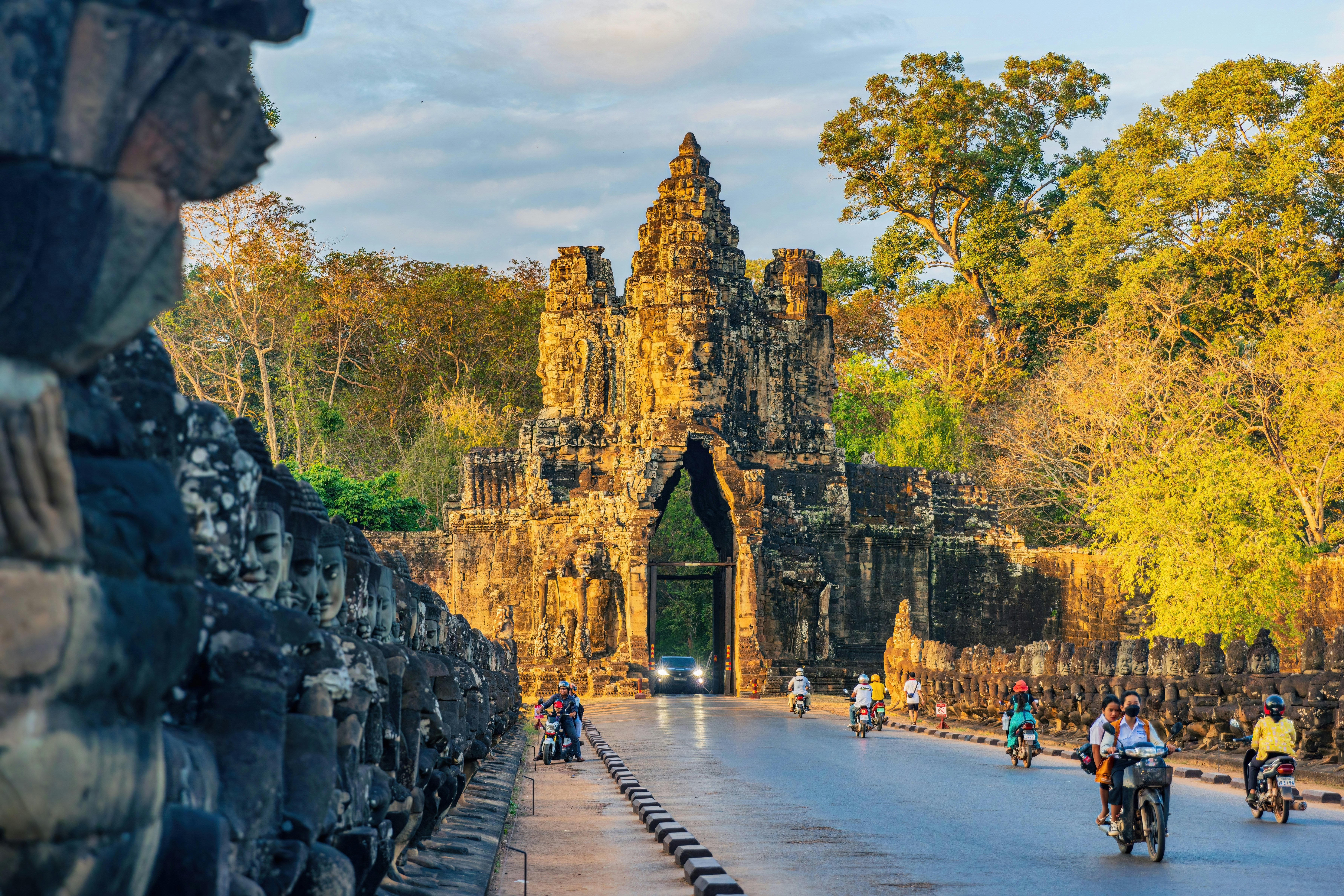 Beautiful sunset light on the South Gate leading to Angkor Thom at Angkor, Cambodia.