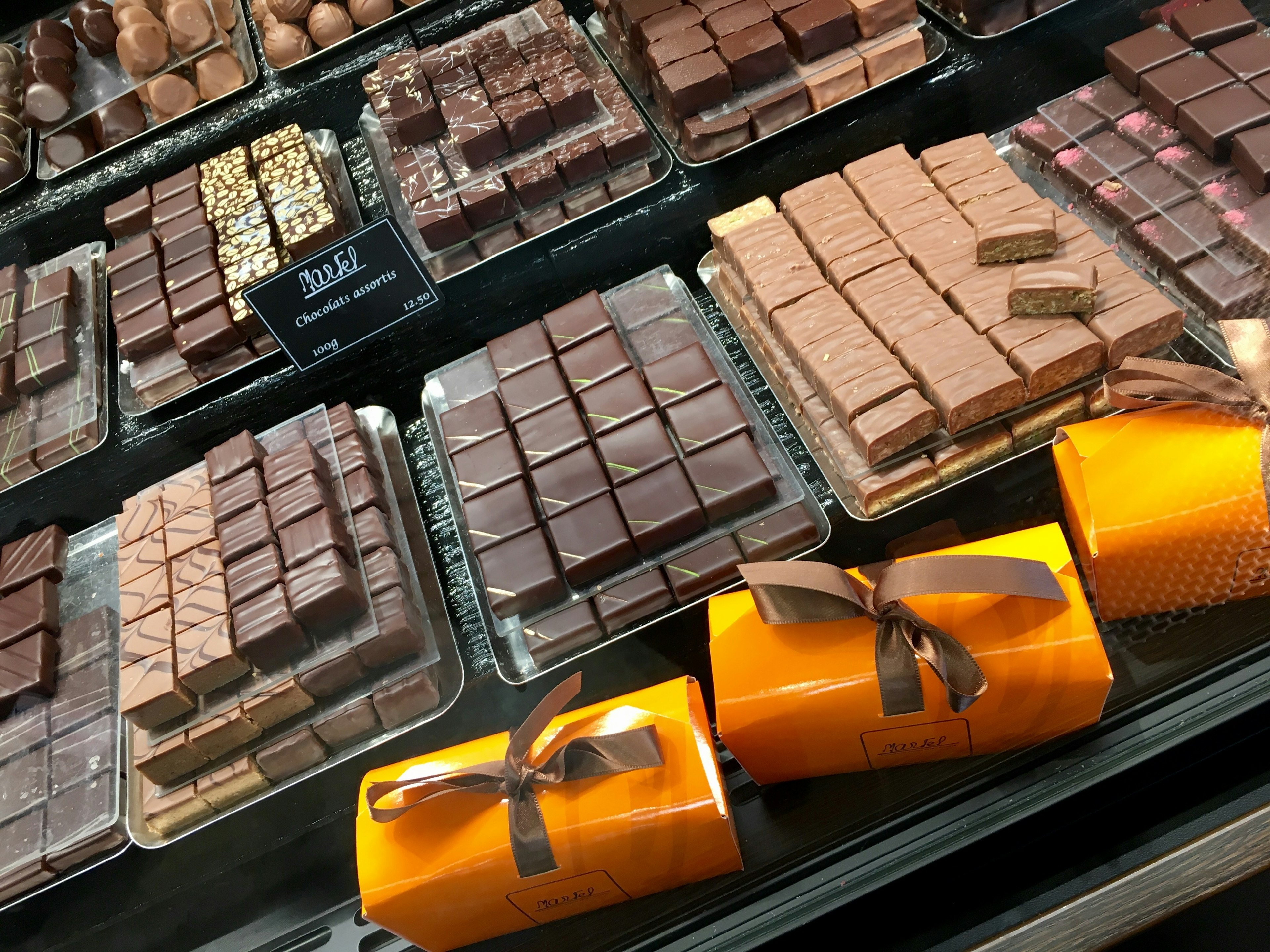 Assorted dark and milk chocolates on sale in a shop in Geneva, Switzerland.