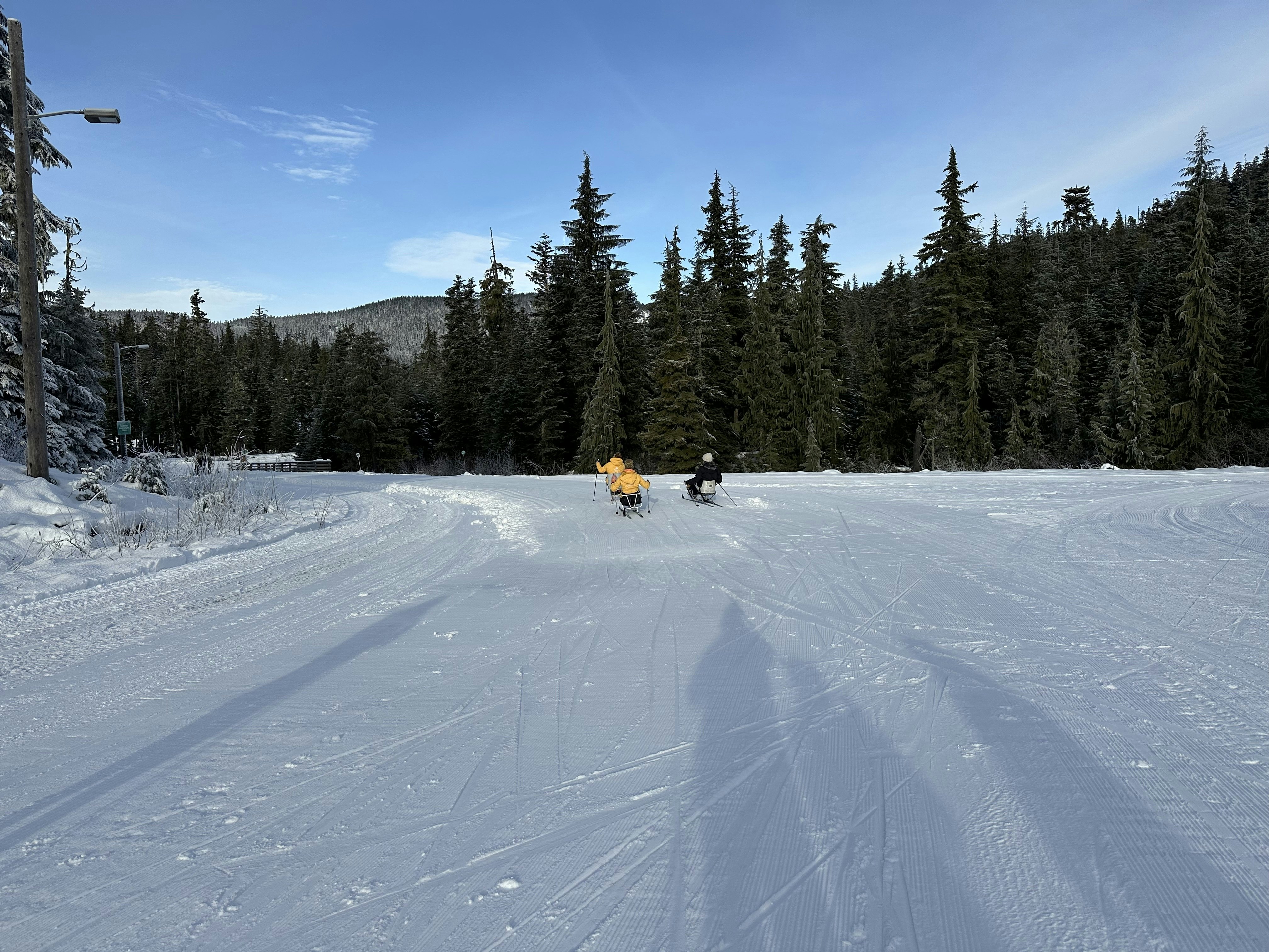 Sit skiers on the trails at Whistler Olympic Park in Canada