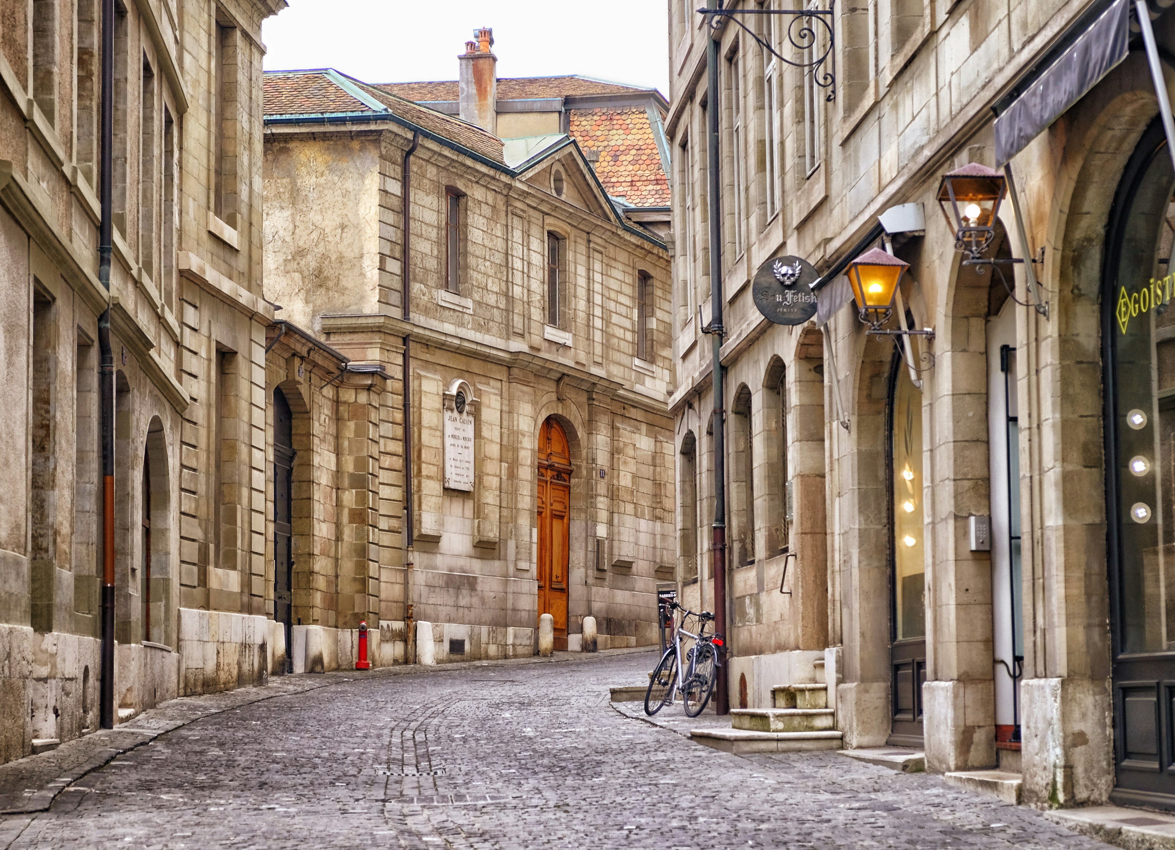 A view of an empty street in Geneva's Old Town, Switzerland.