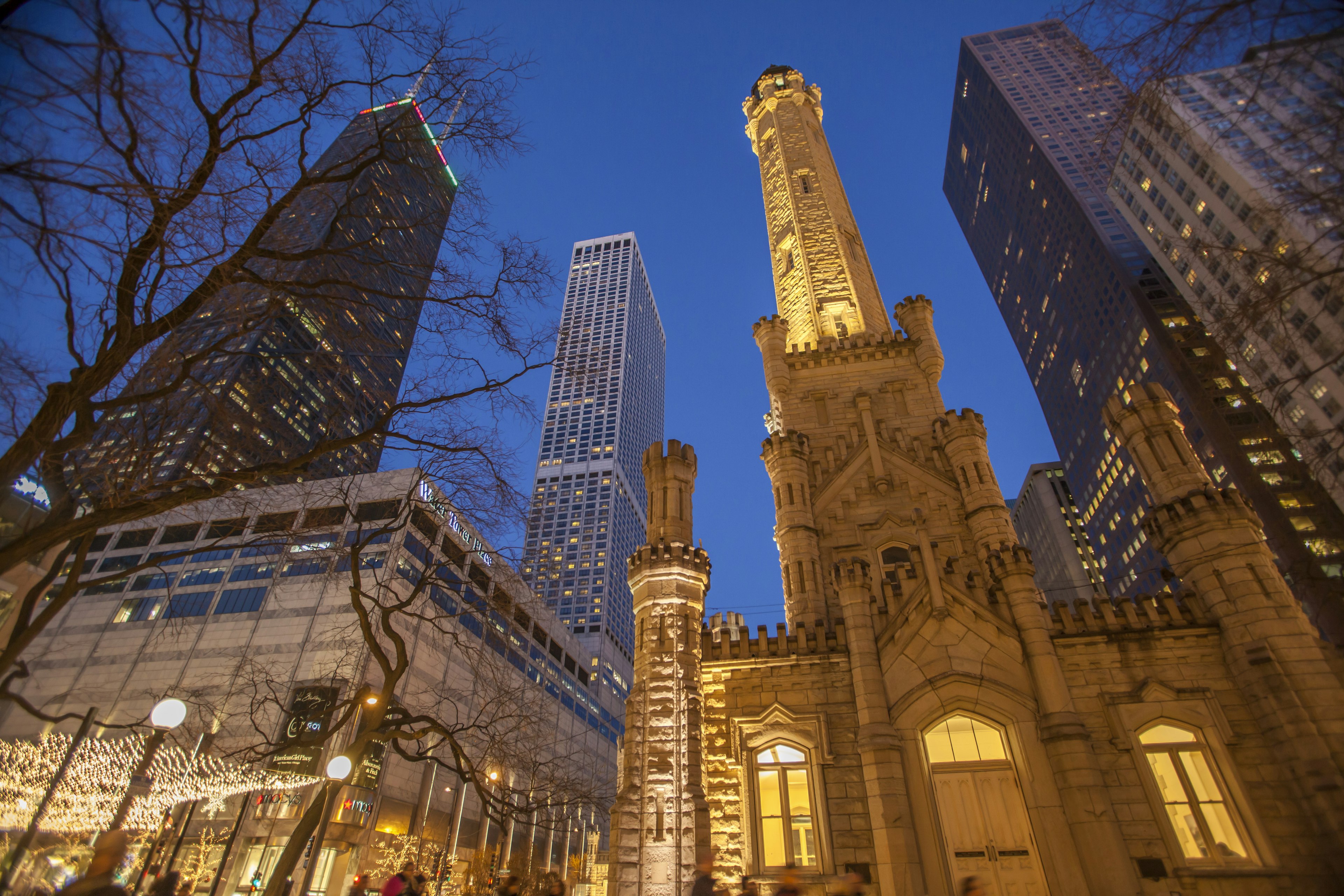 The Water Tower and John Hancock Center at night in Chicago, USA.