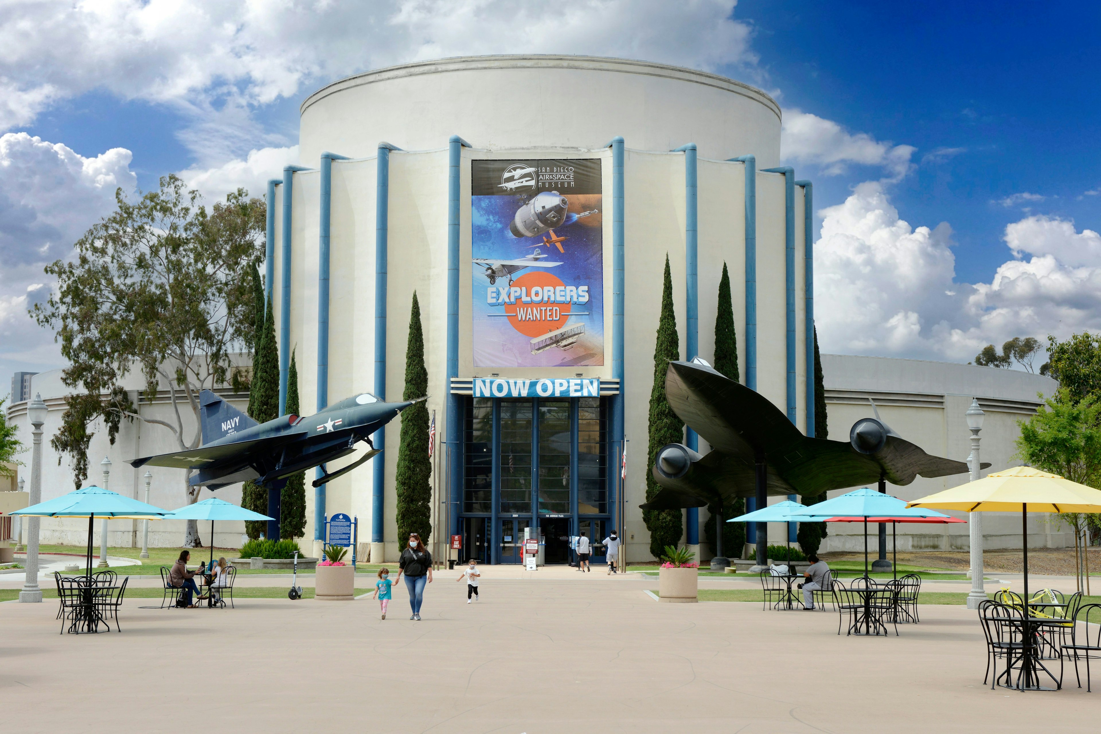 Outside the San Diego Air and Space Museum in Balboa Park with a Lockheed A12 Oxcart and Convair YF2Y-1 on either side of the entrance