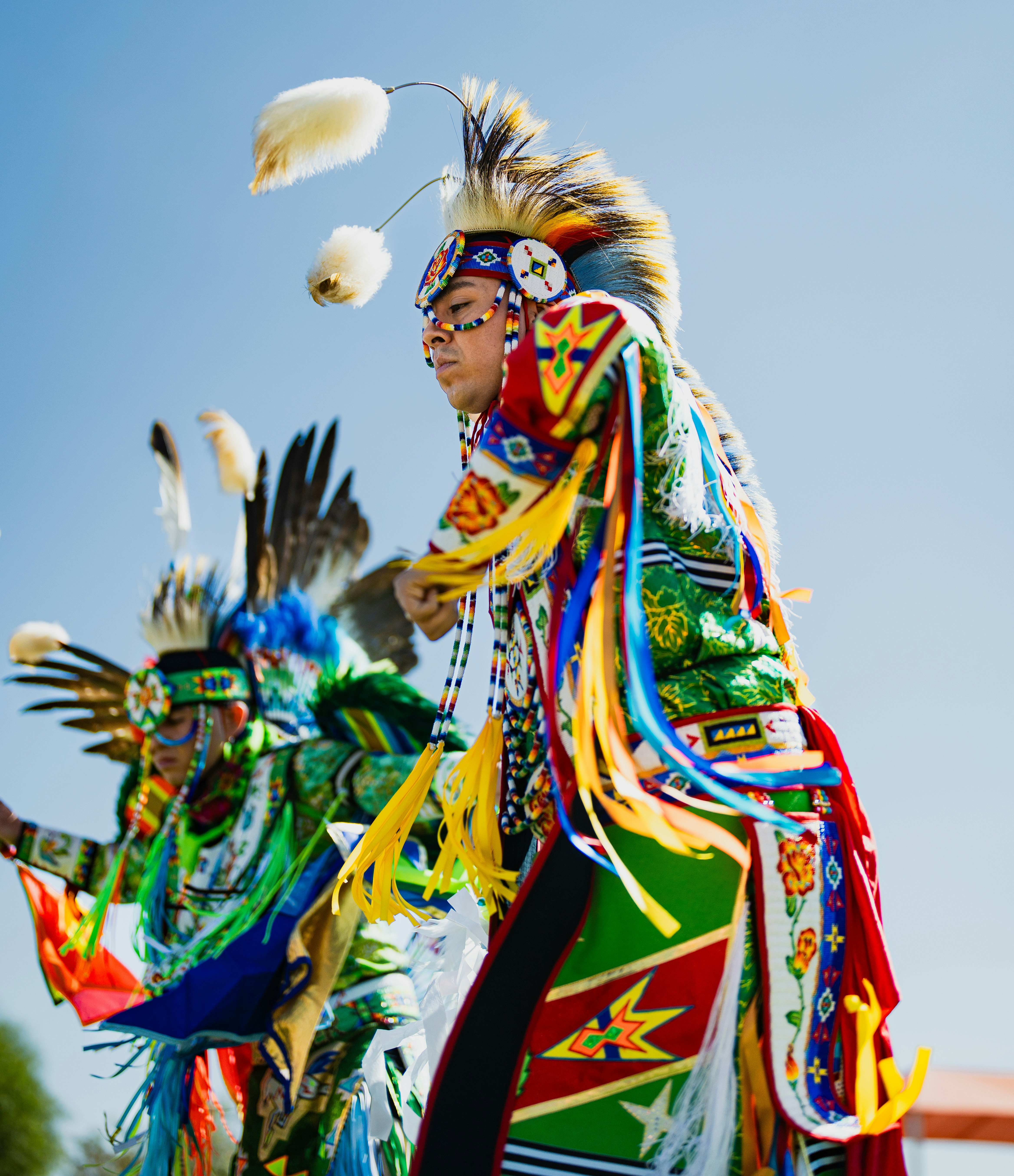 The design of powwow regalia is rooted in their Adrian and Sean's backgrounds, and incorporate recognizable elements of their heritage.