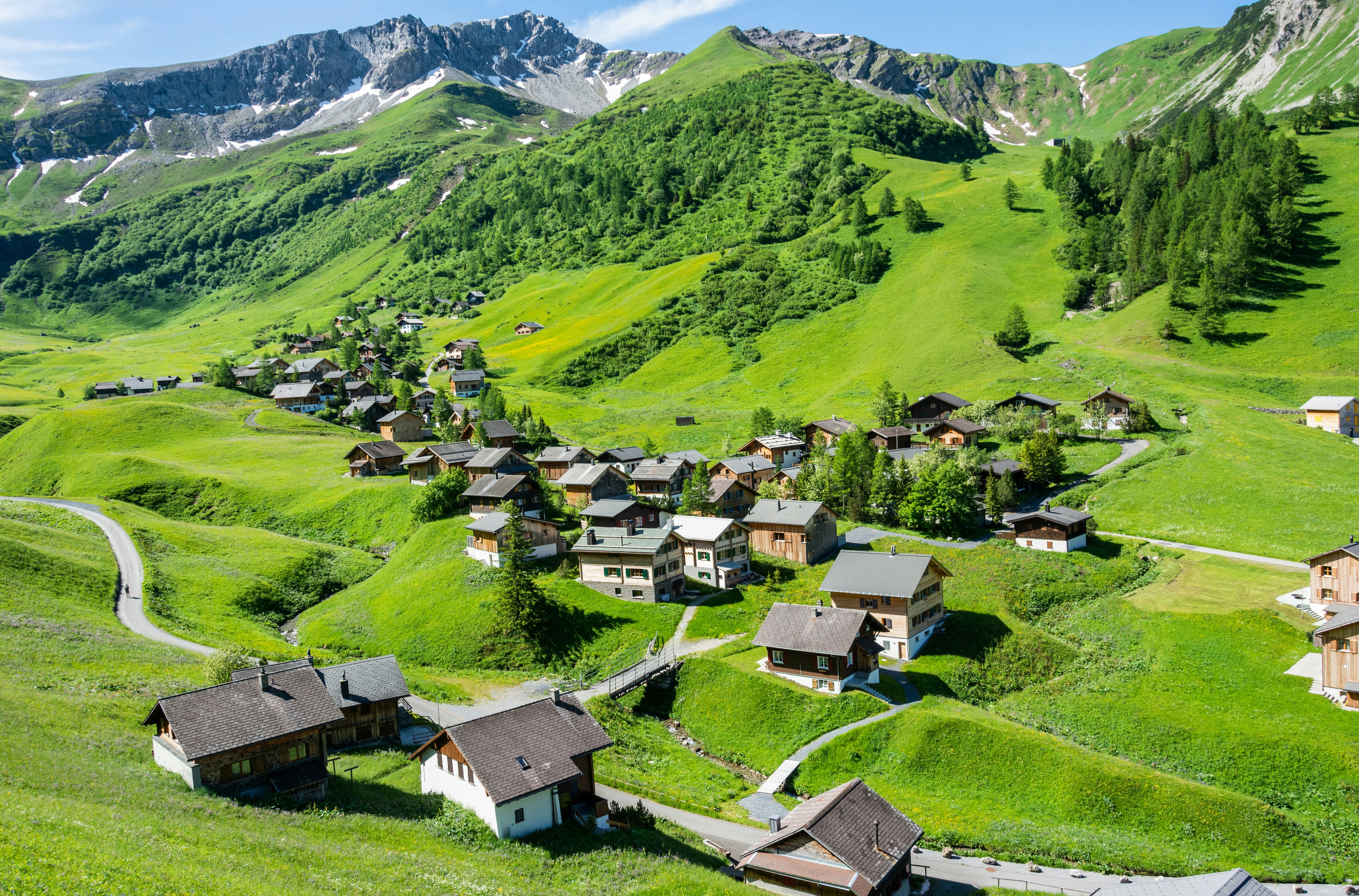 Aerial view over Malbun village of Liechtenstein.