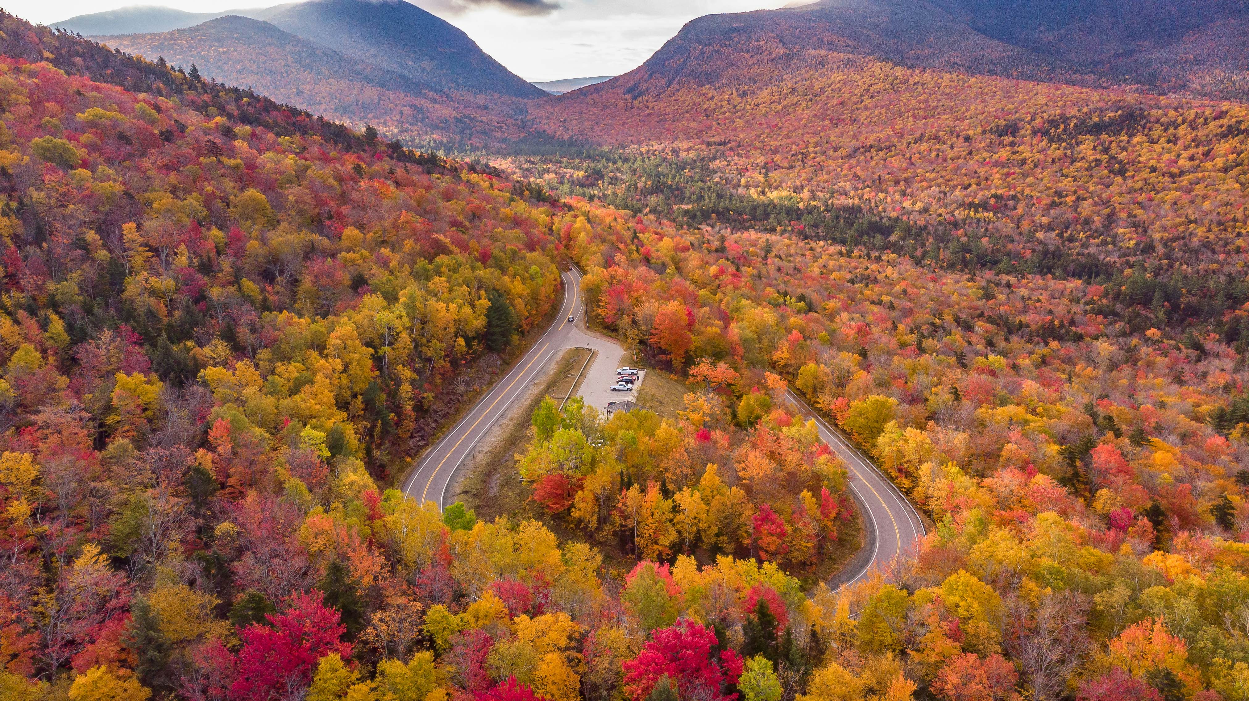 A highway curves through a wooded area with trees in fall colors of gold red and orange