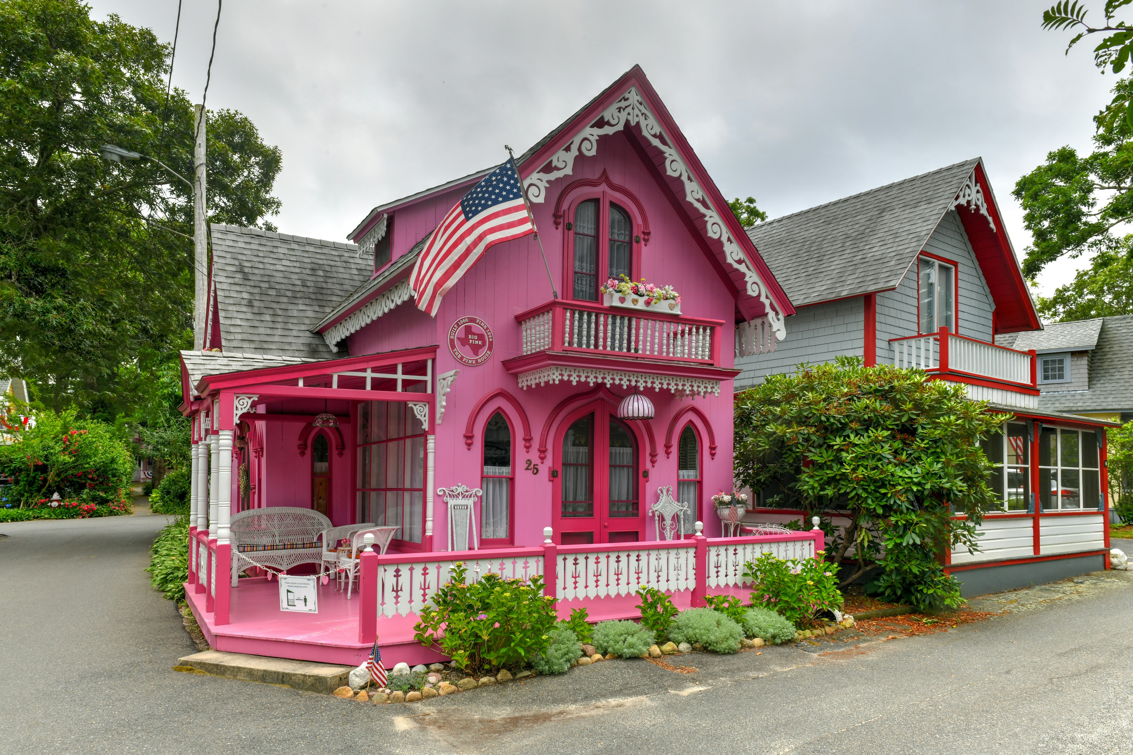 Martha's Vineyard, MA - July 5, 2020:  Carpenter Gothic Cottages with Victorian style, gingerbread trim in Oak Bluffs on Martha's Vineyard, Massachusetts, USA.