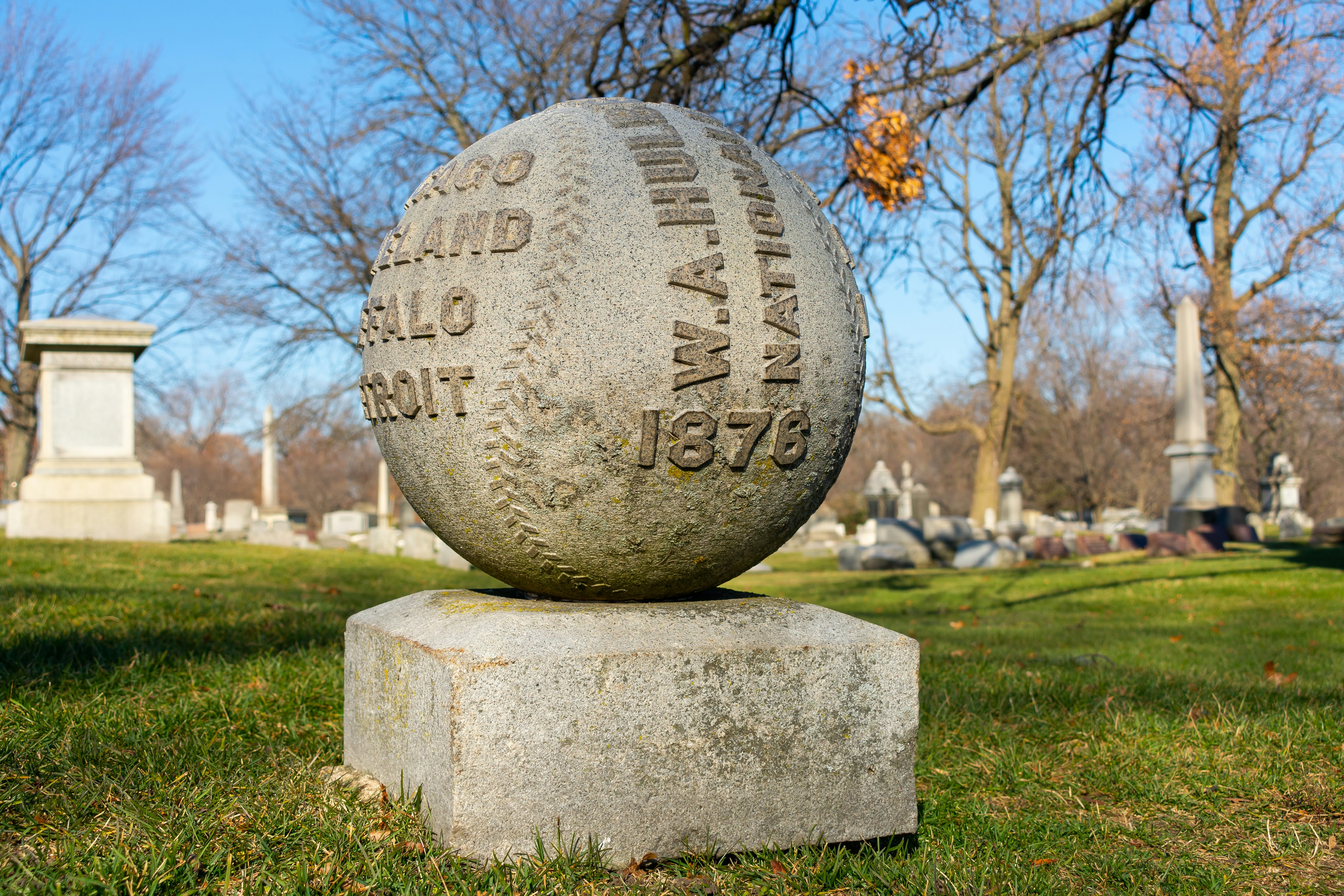 William Hulbert's baseball-shaped gravestone at Graceland Cemetery in Chicago, USA.