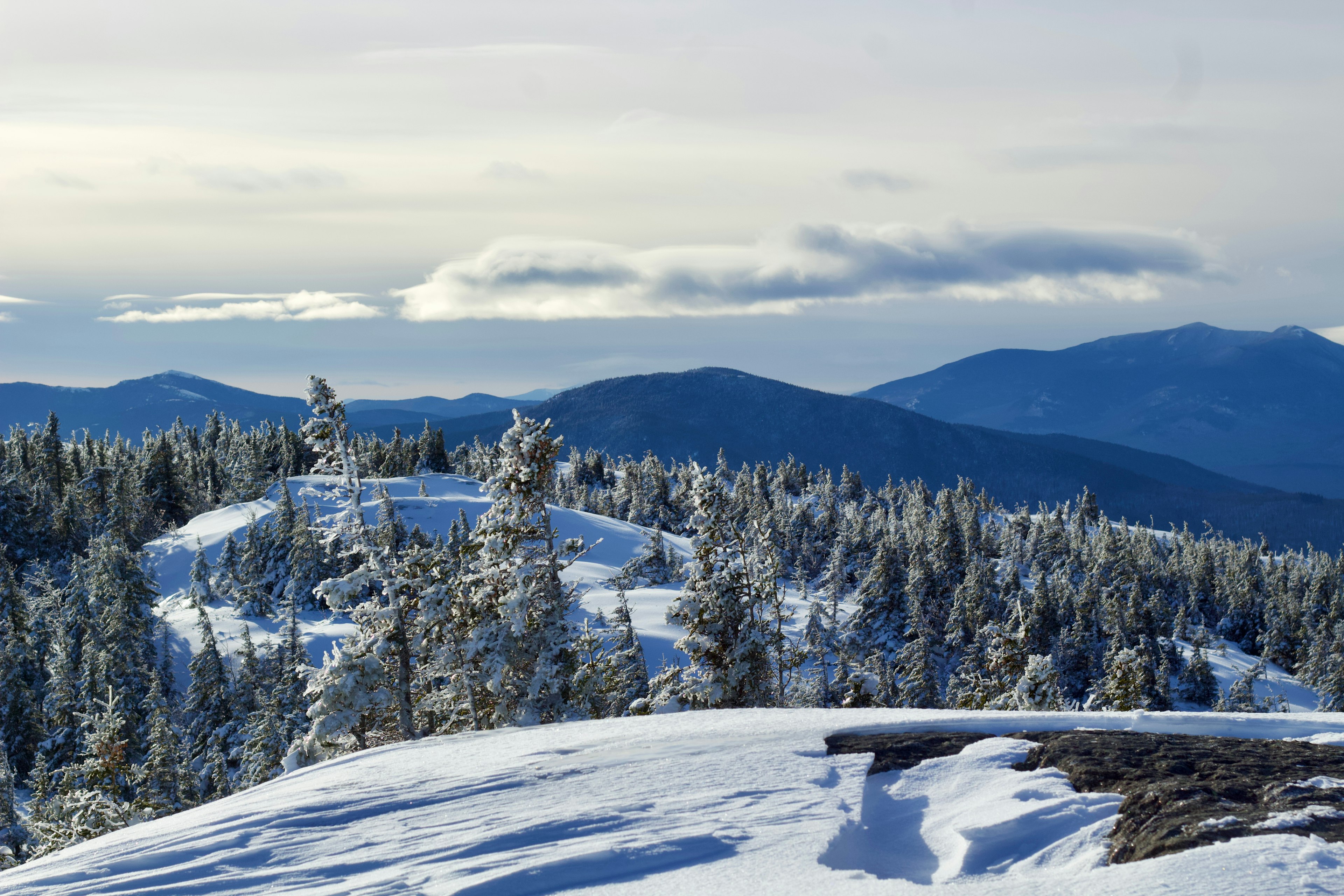 Winter mountaintop landscape in Maine