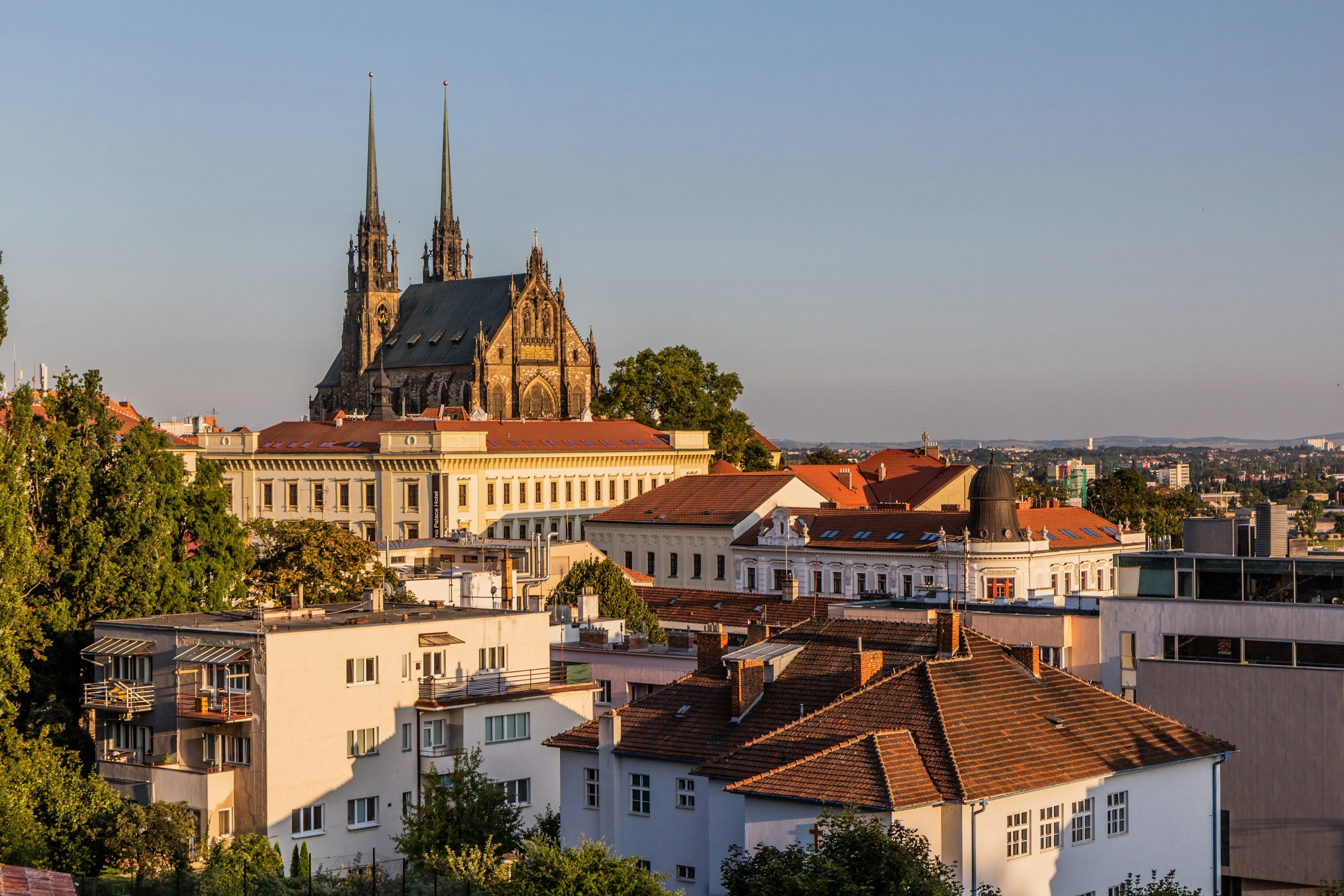 Skyline of Brno city st sunset with the cathedral of St. Peter and Paul