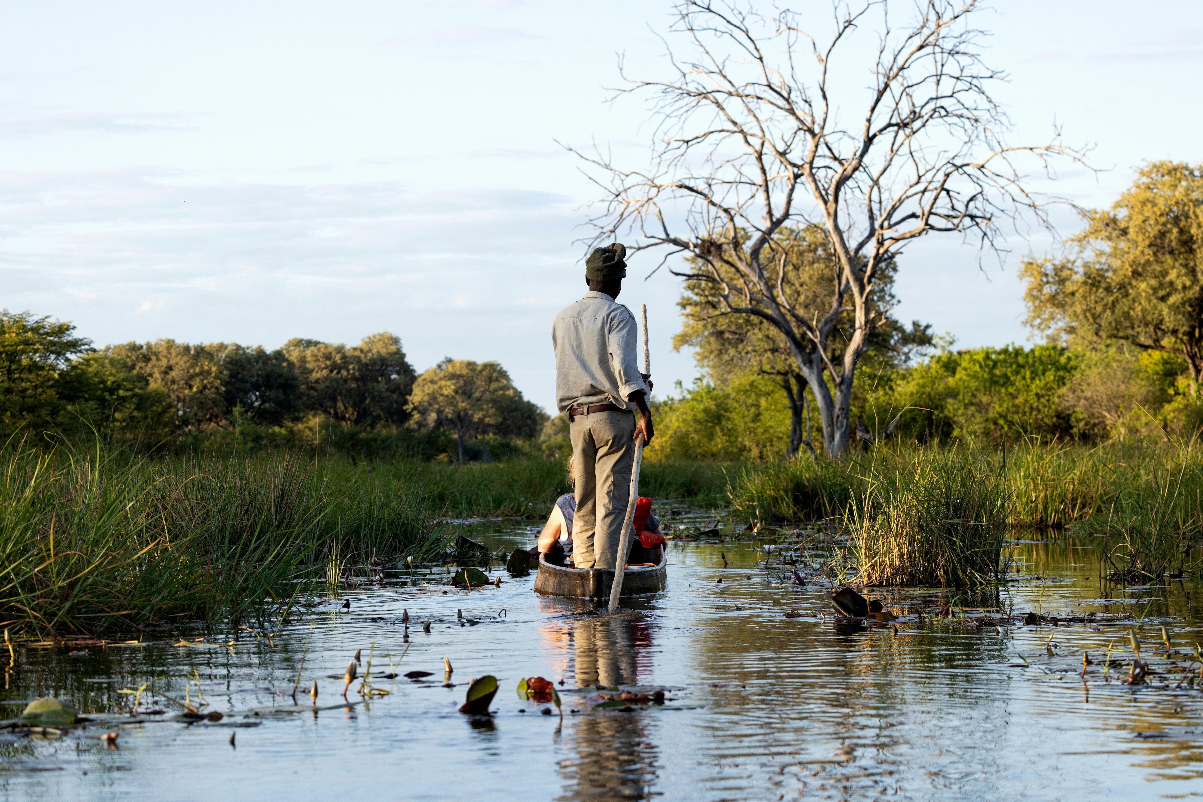 A guide moves a boat through a waterway in Africa.