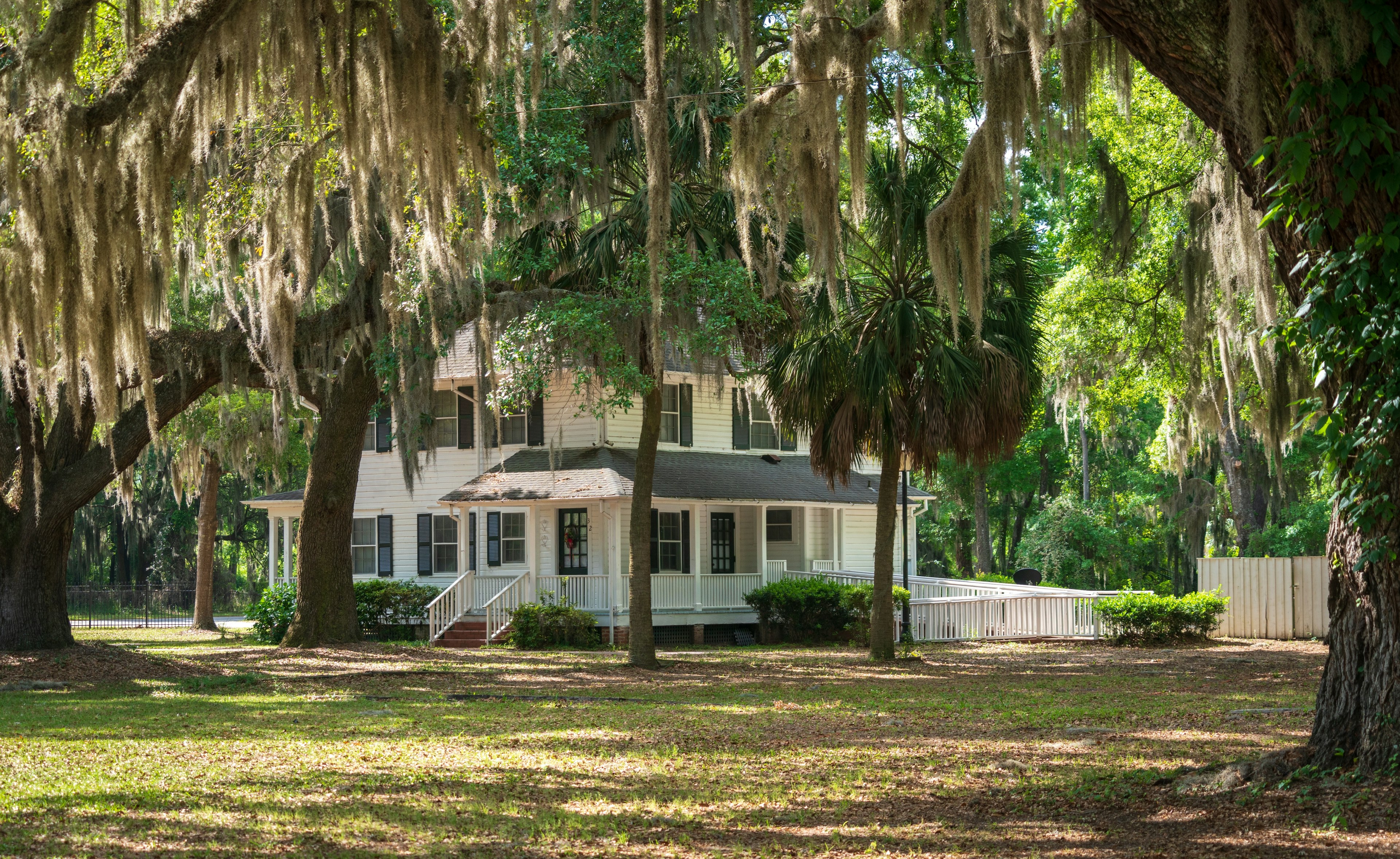 A grand white house with dark shutters stands under trees dripping with Spanish moss