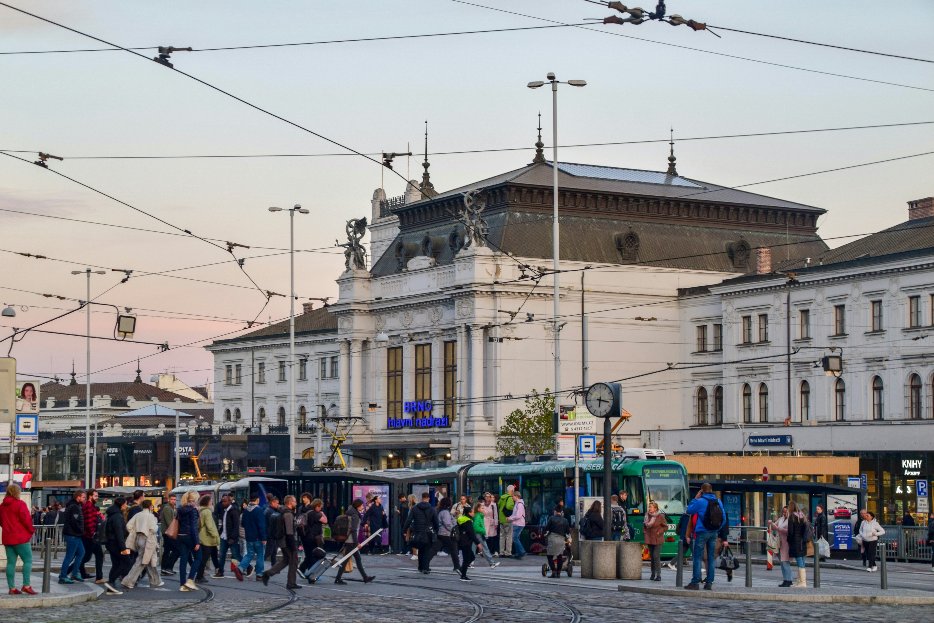 Crowd of people rushing in front of Brno Hlavni Nadrazi train station