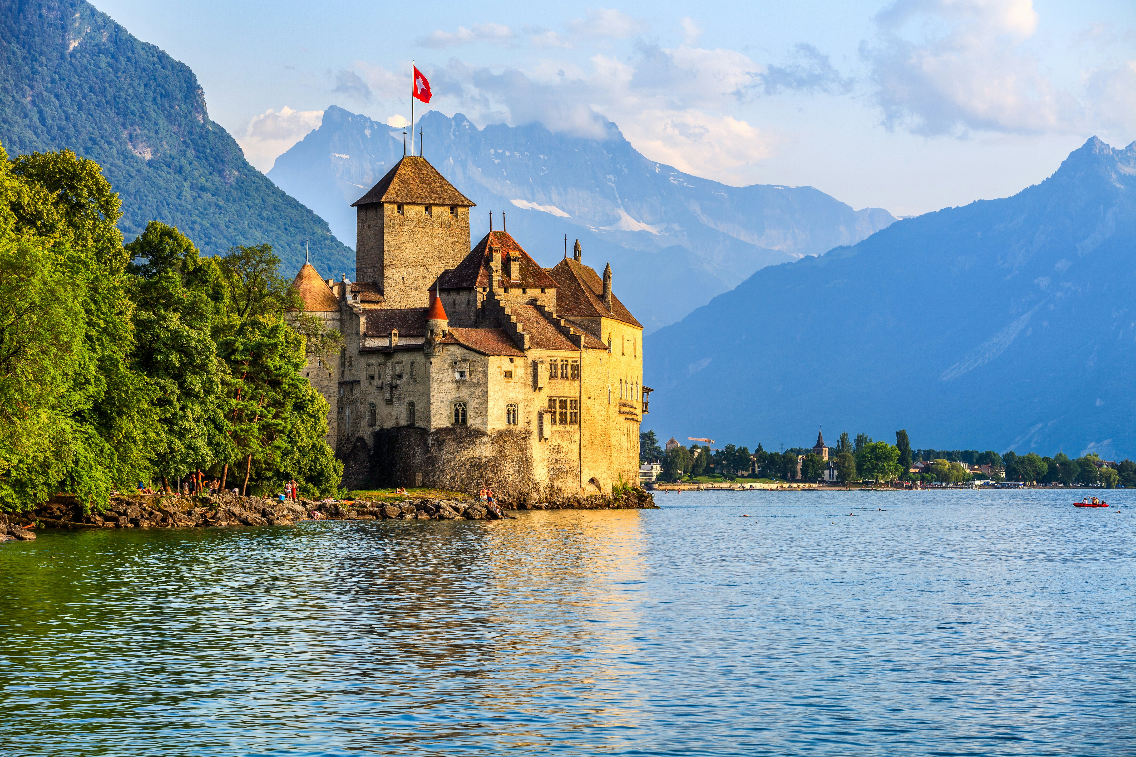 Sunset of Chillon Castle at Geneva lake, Switzerland.