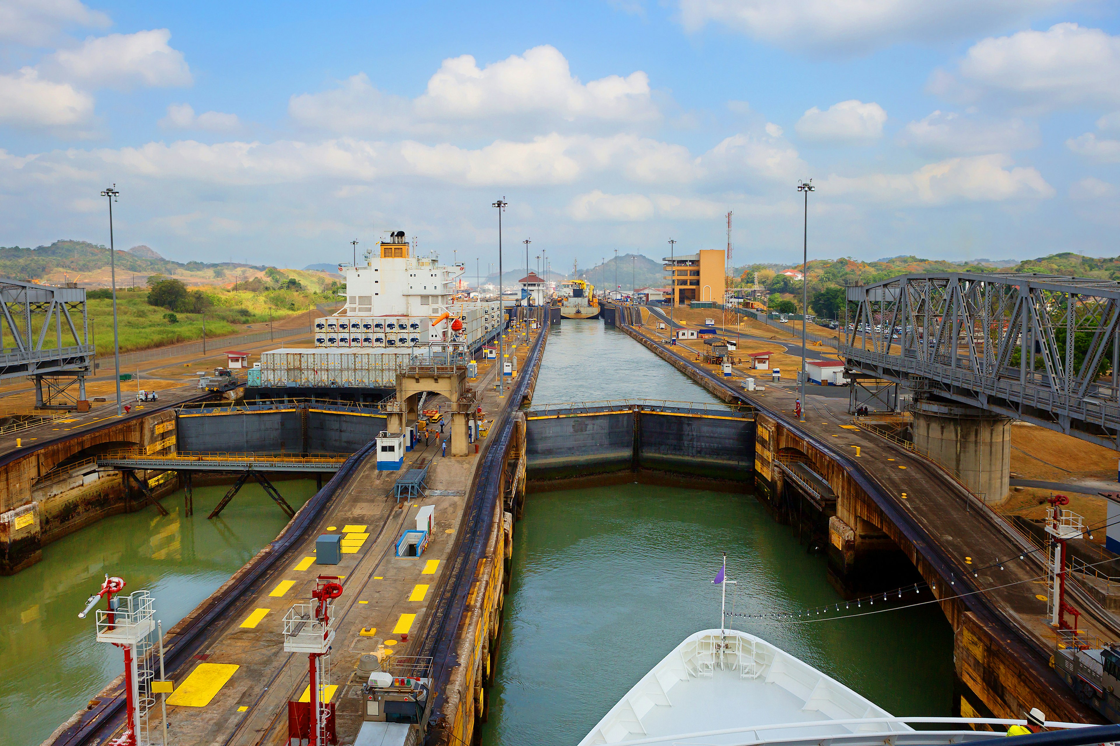 The first lock of the Panama canal from the Pacific ocean.