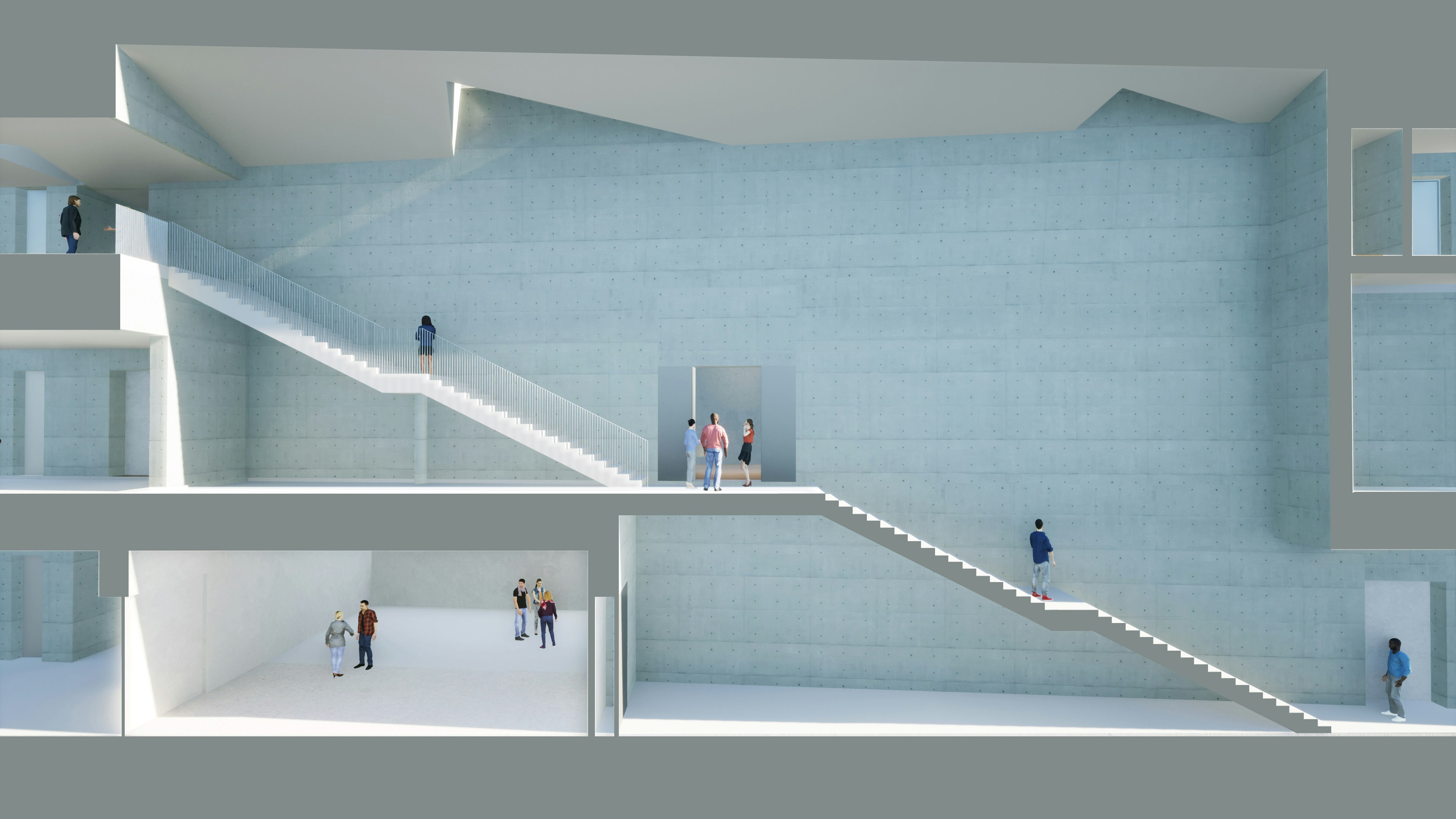 Rendered image of a cross-section of the Naoshima New Museum of Art, showing visitors in empty galleries and on a long staircase