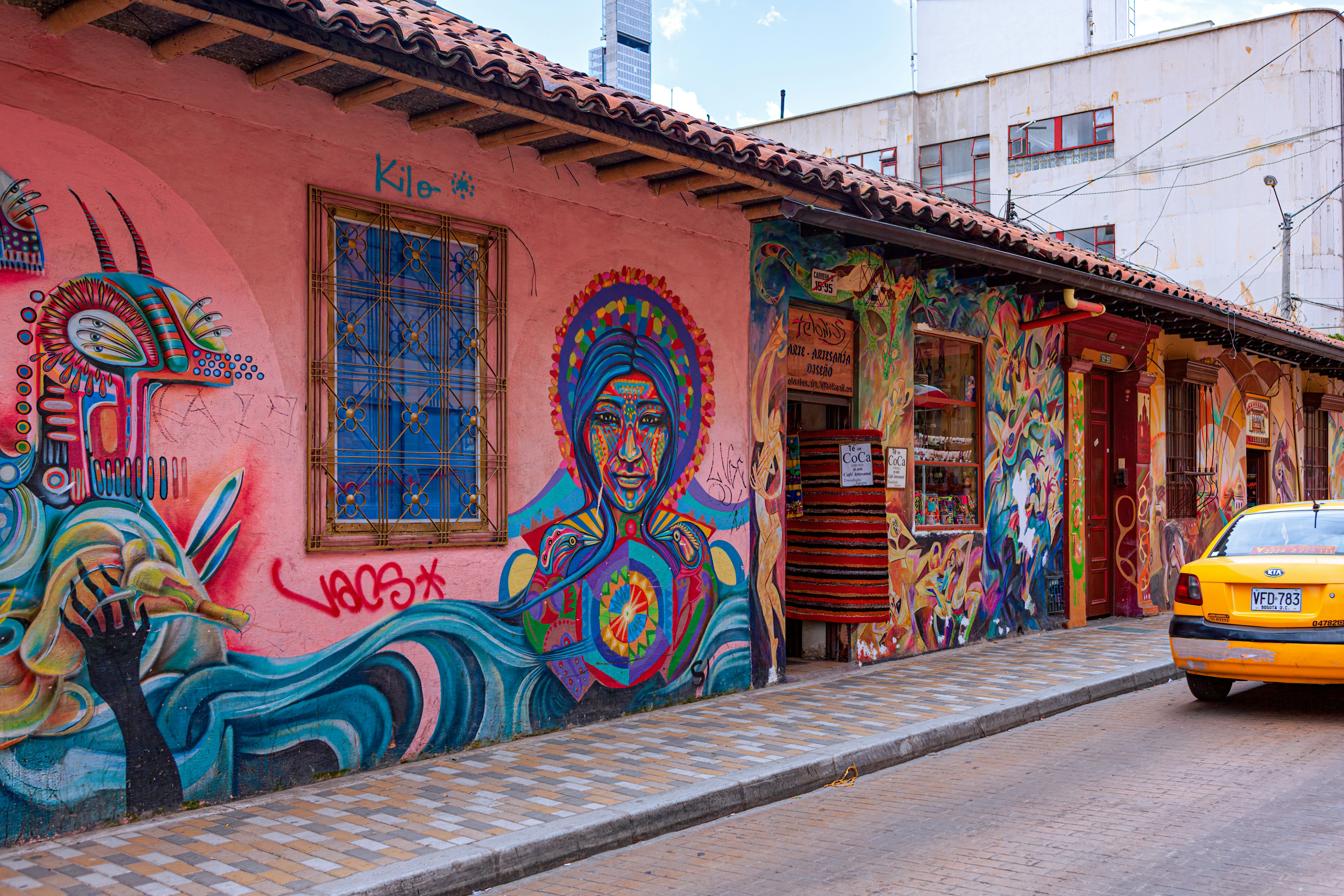 A colorful street in the historic La Candelaria District in Bogota