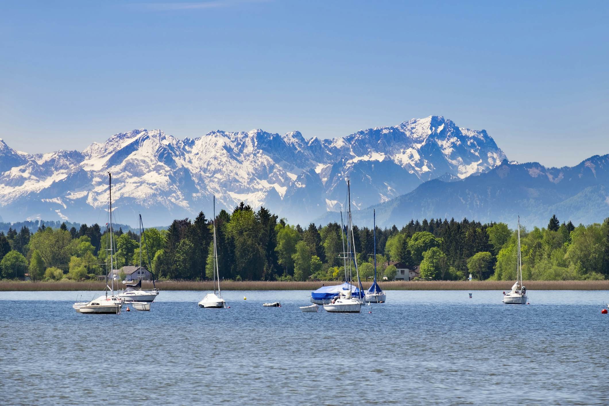 A view of the Bavarian Alps from Starnberger See in Germany.