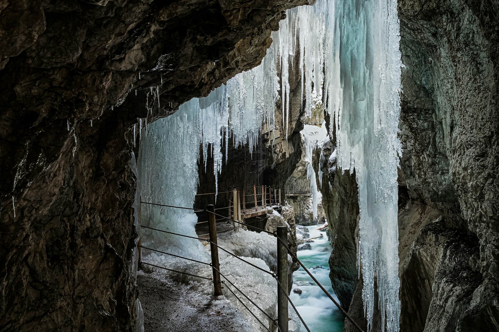 Cascades of icicles in the Partnachklamm gorge near Garmisch-Partenkirchen in Bavaria.