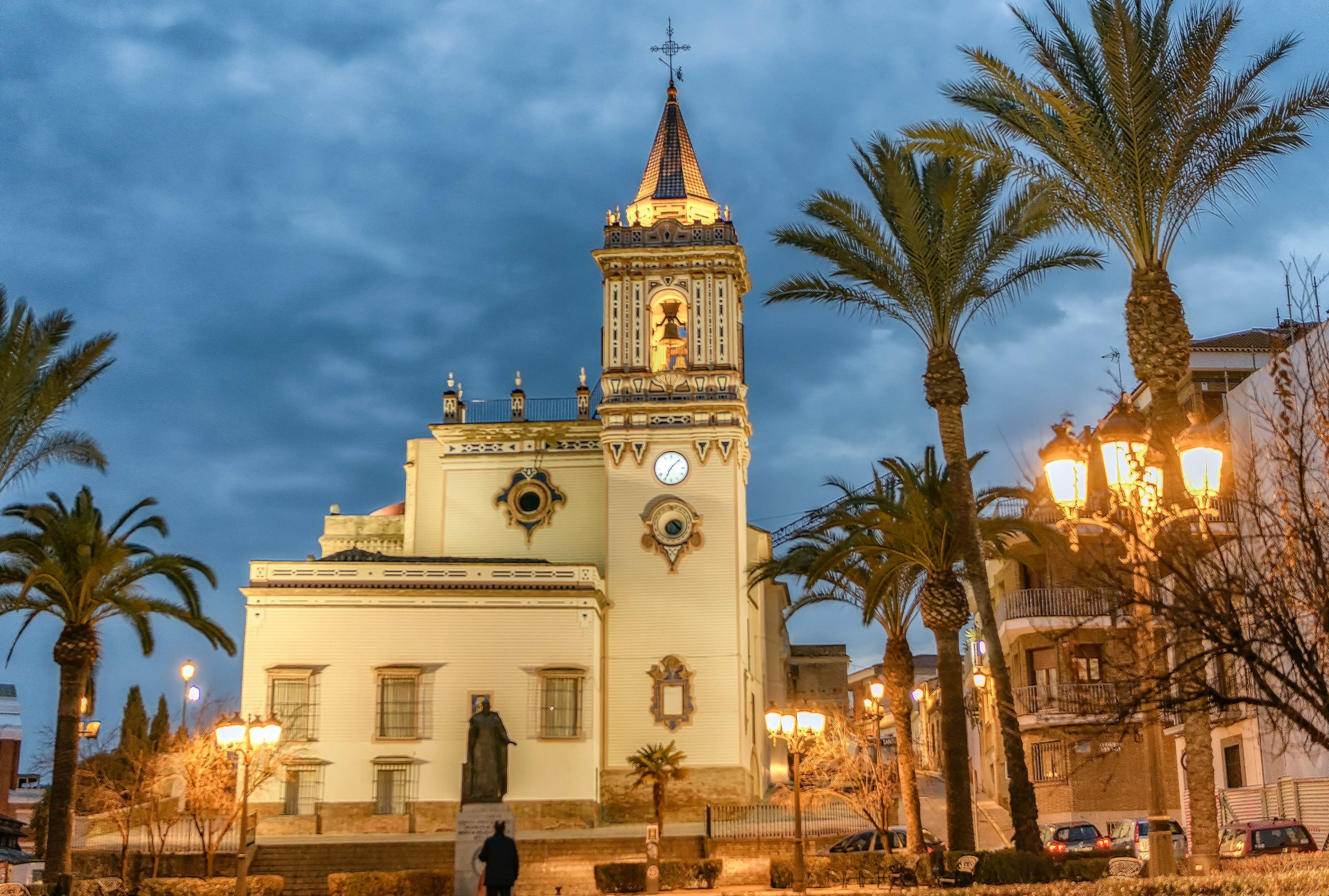 The Church of San Pedro in the evening in Huelva, Spain.