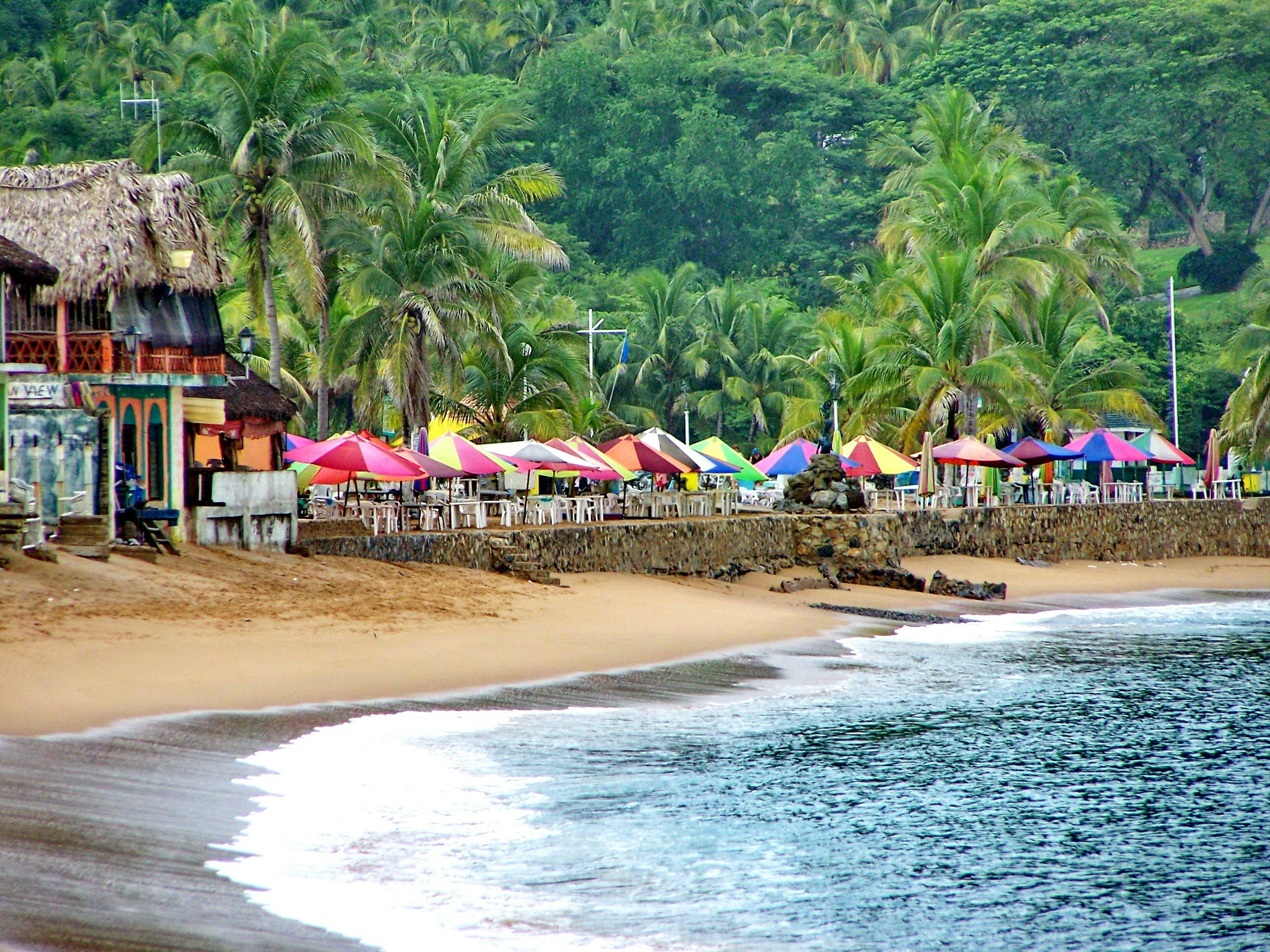 Colorful umbrellas at a swimming area on the coast.