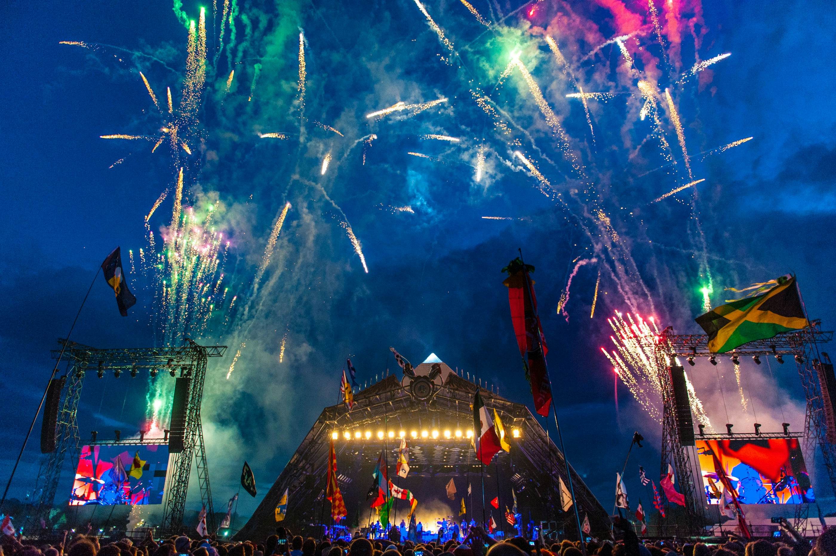 Fireworks over the Pyramid Stage at the Glastonbury Festival, UK.